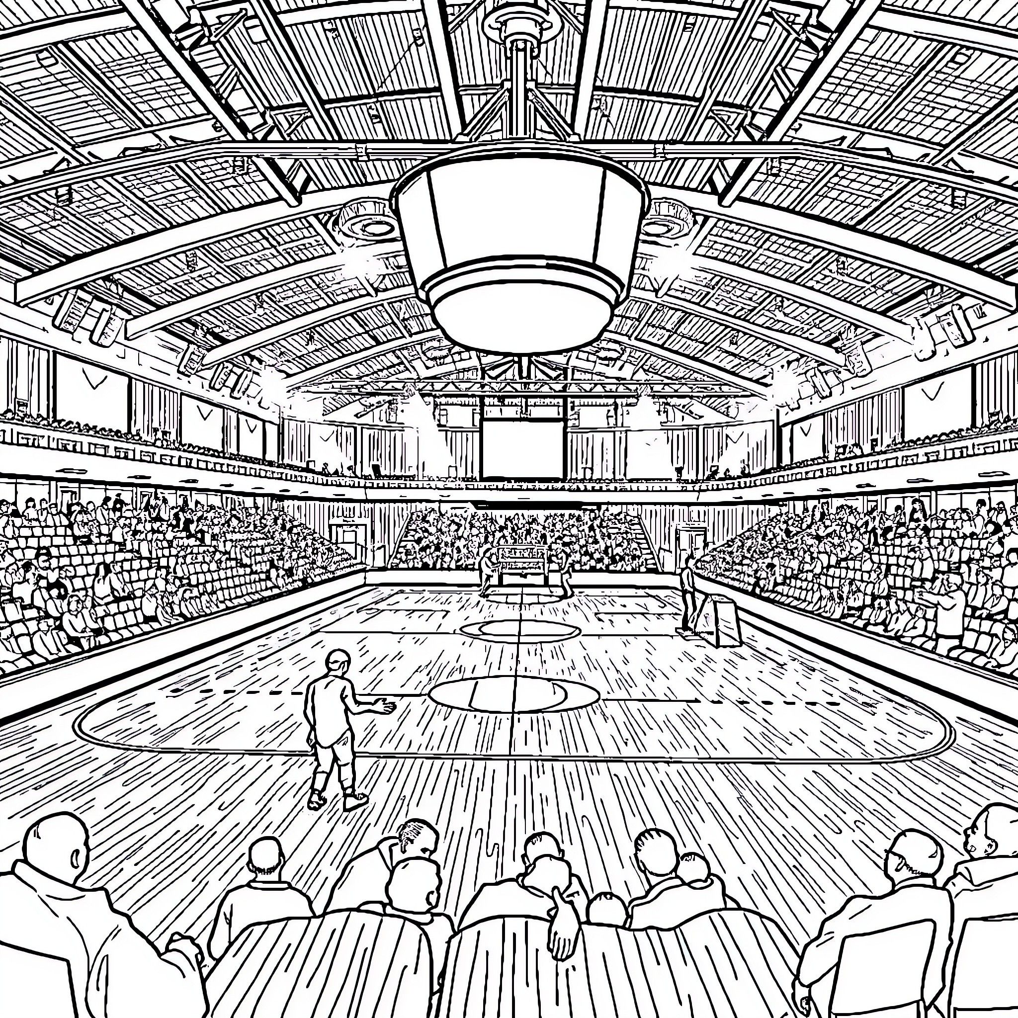 Bandy players competing on a grand indoor court Coloring Page (free black-and-white line drawing printable PDF for all, from beginners to advanced learners, including children, teens, adults, and seniors)