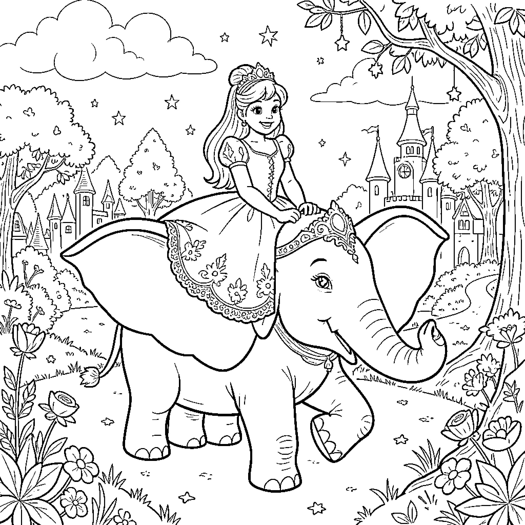 Cinderella riding an elephant through a magical kingdom Coloring Page (free black-and-white line drawing printable PDF for all, from beginners to advanced learners, including children, teens, adults, and seniors)