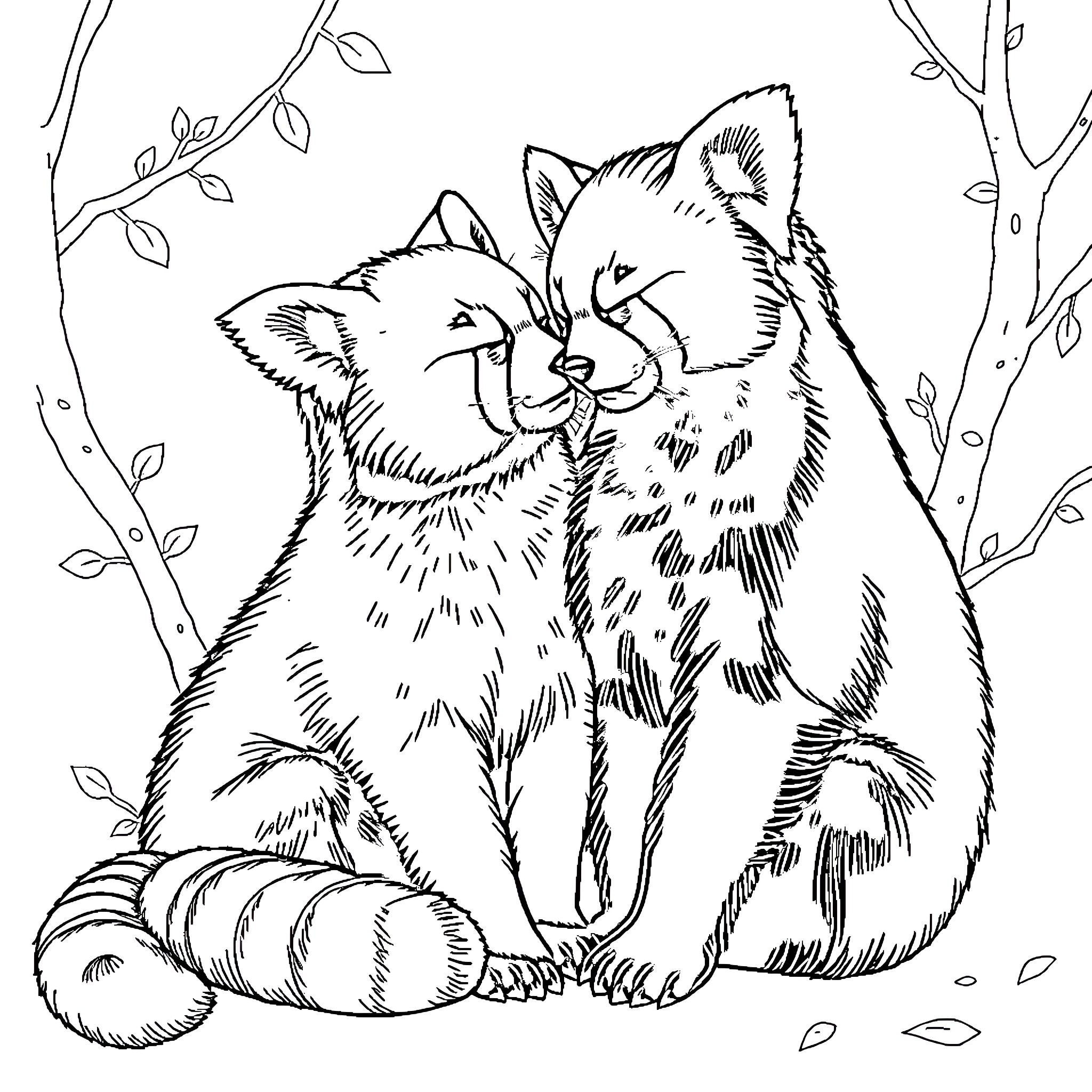 Panda cubs cuddling in the forest Coloring Page (free black-and-white line drawing printable PDF for all, from beginners to advanced learners, including children, teens, adults, and seniors)