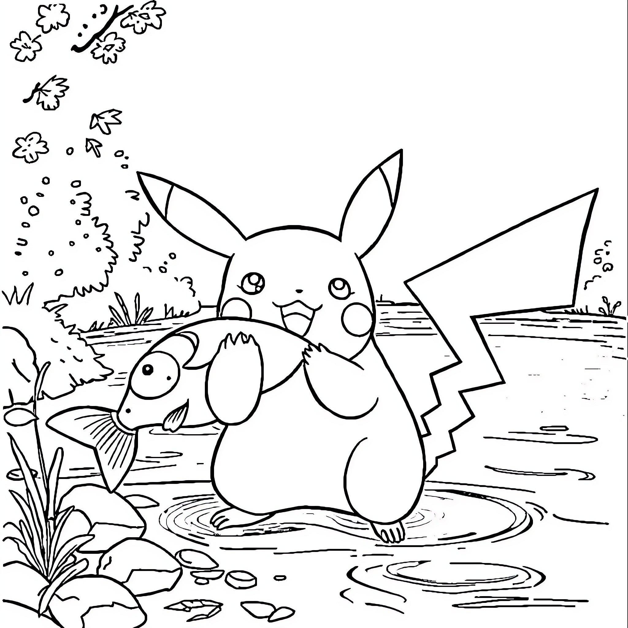 Pikachu's Fun with Fishing in Nature Coloring Page (free black-and-white line drawing printable PDF for all, from beginners to advanced learners, including children, teens, adults, and seniors)