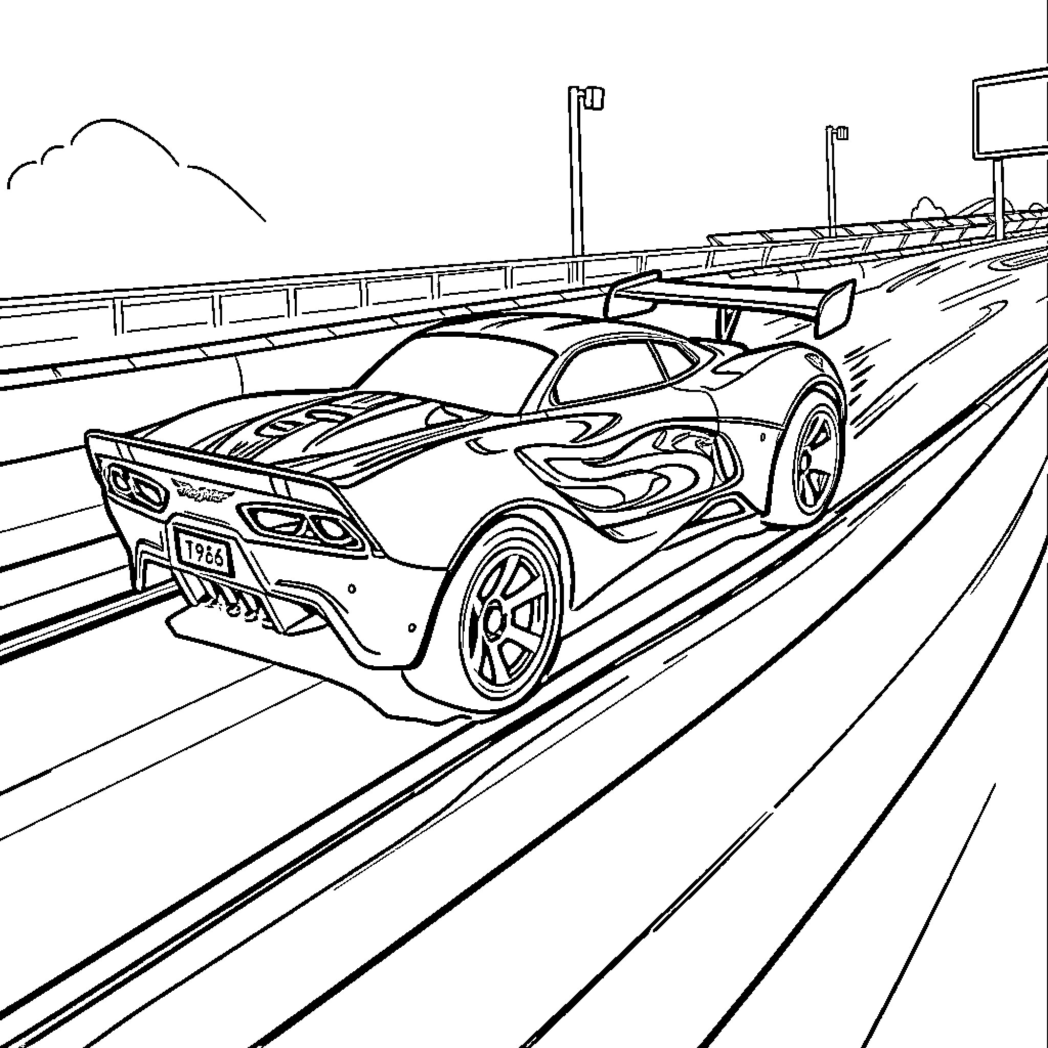 Hot Wheels race car speeding on the track Coloring Page (free black-and-white line drawing printable PDF for all, from beginners to advanced learners, including children, teens, adults, and seniors)