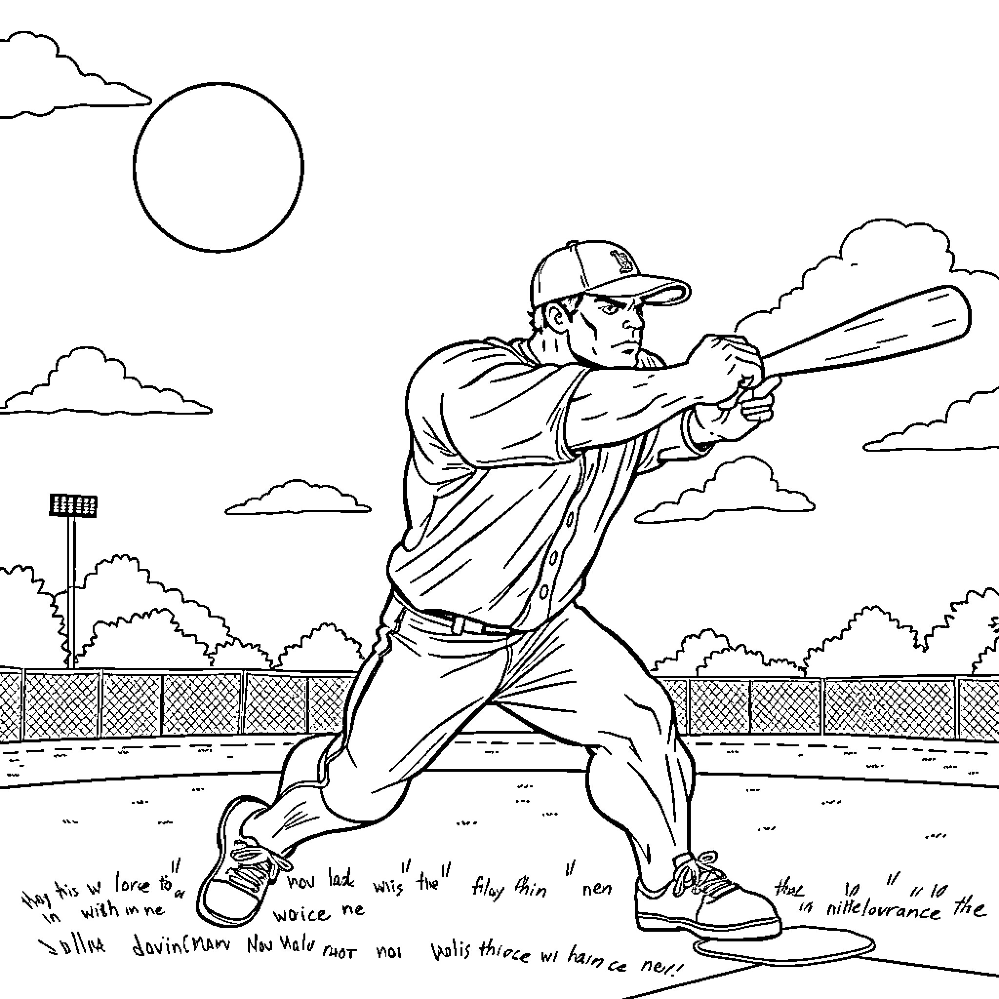 Hulk baseball player swinging bat on the field Coloring Page (free black-and-white line drawing printable PDF for all, from beginners to advanced learners, including children, teens, adults, and seniors)