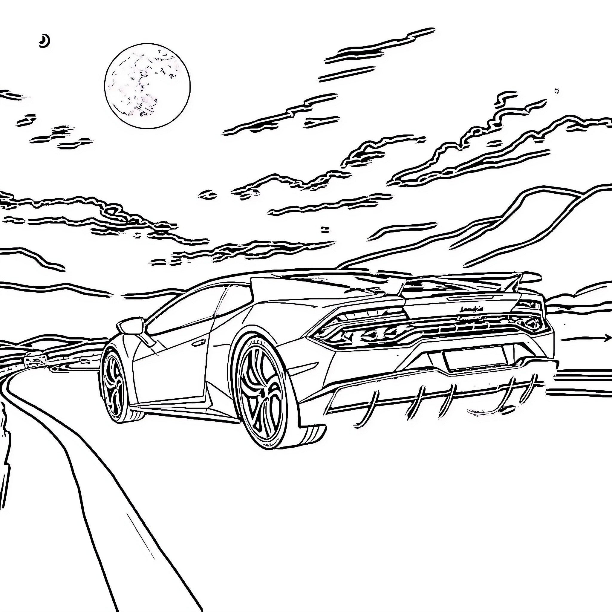 Lamborghini speeding through the night landscape Coloring Page (free black-and-white line drawing printable PDF for all, from beginners to advanced learners, including children, teens, adults, and seniors)