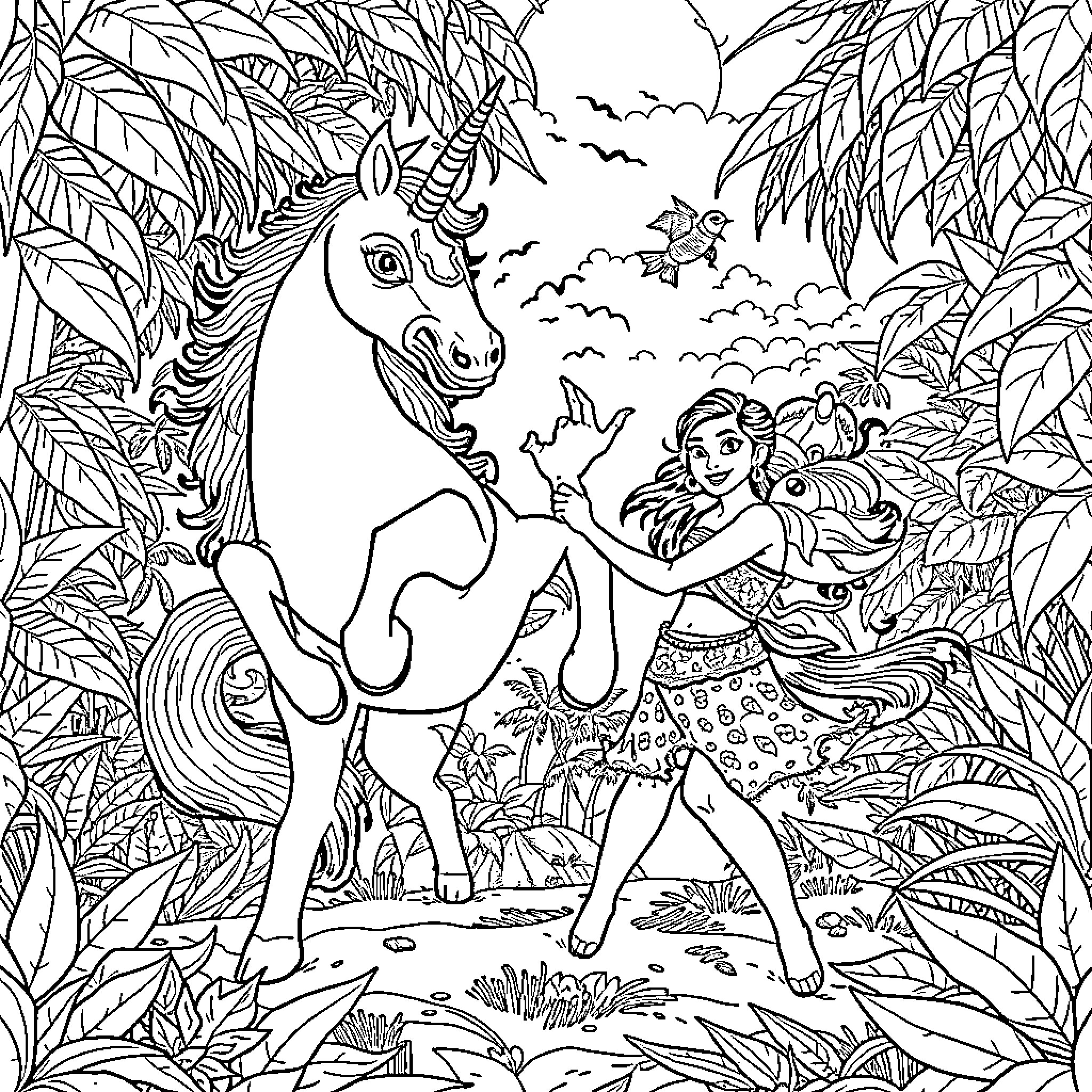 Moana interacting with a magical unicorn in a lush jungle Coloring Page (free black-and-white line drawing printable PDF for all, from beginners to advanced learners, including children, teens, adults, and seniors)
