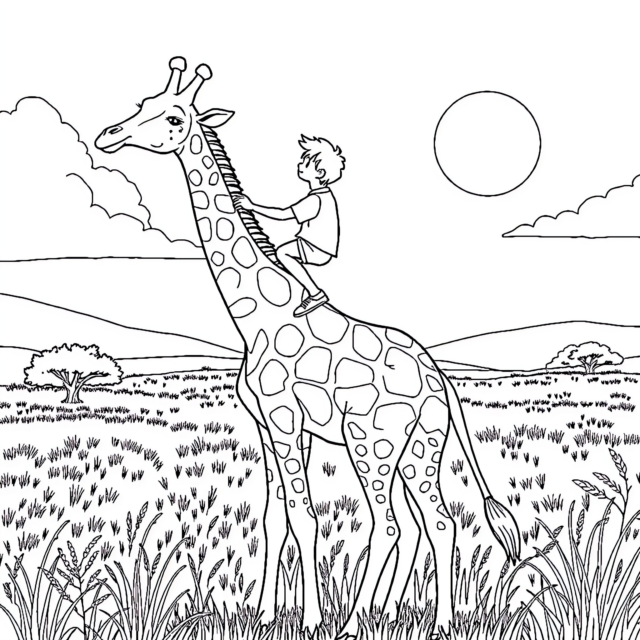 Boy climbing up to pet a giraffe in the wild Coloring Page (free black-and-white line drawing printable PDF for all, from beginners to advanced learners, including children, teens, adults, and seniors)