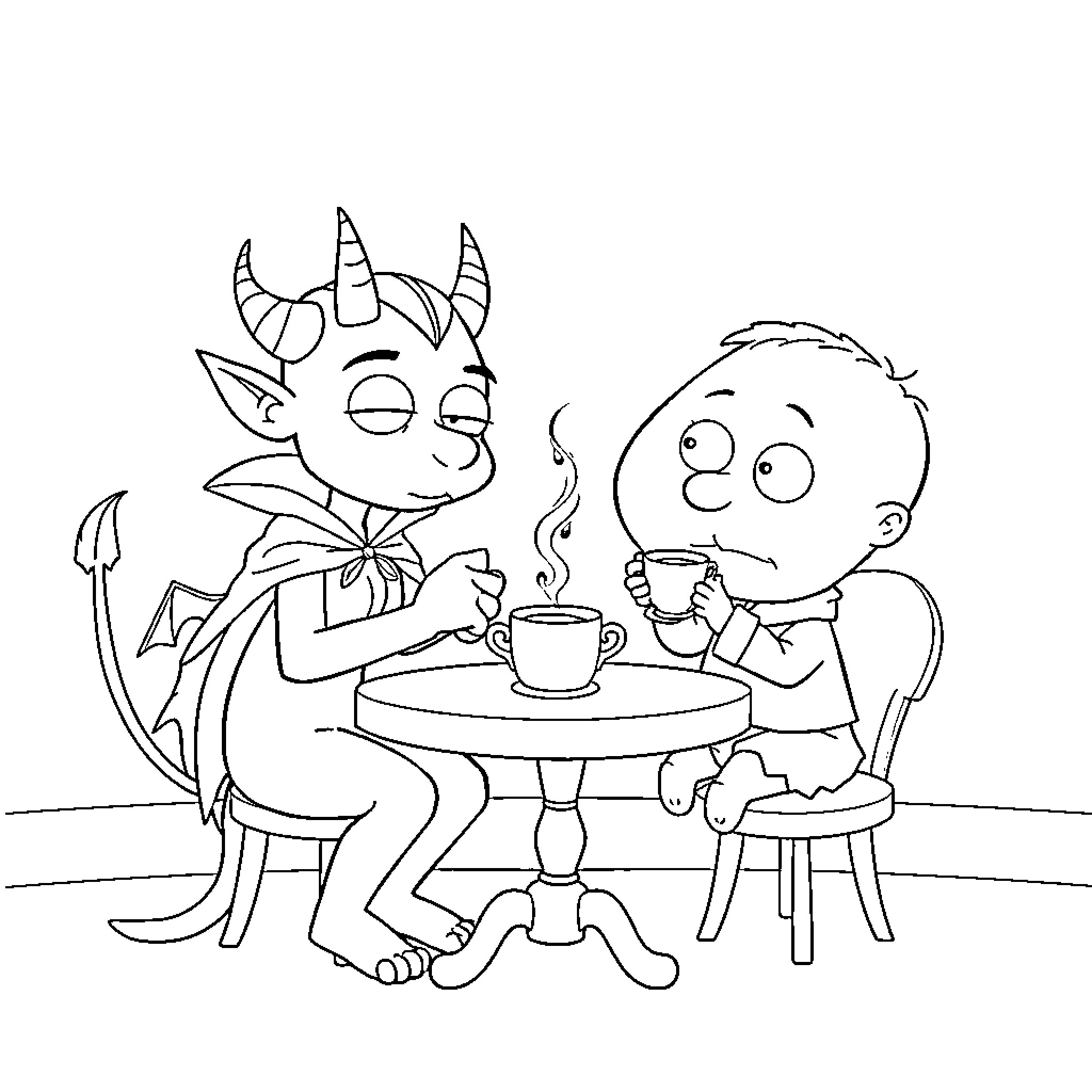 Devil's Tea Time with Friendly Companion Coloring Page (free black-and-white line drawing printable PDF for all, from beginners to advanced learners, including children, teens, adults, and seniors)