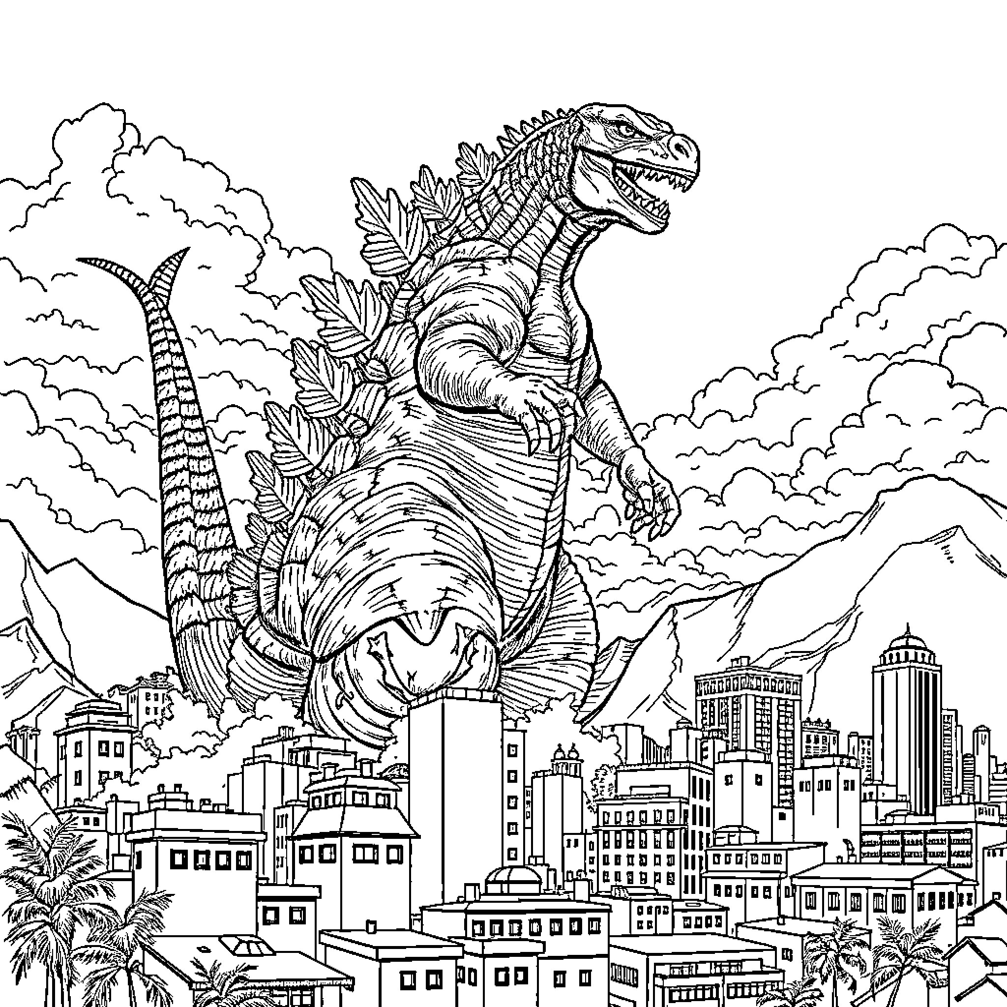 Godzilla rampaging through a cityscape Coloring Page (free black-and-white line drawing printable PDF for all, from beginners to advanced learners, including children, teens, adults, and seniors)