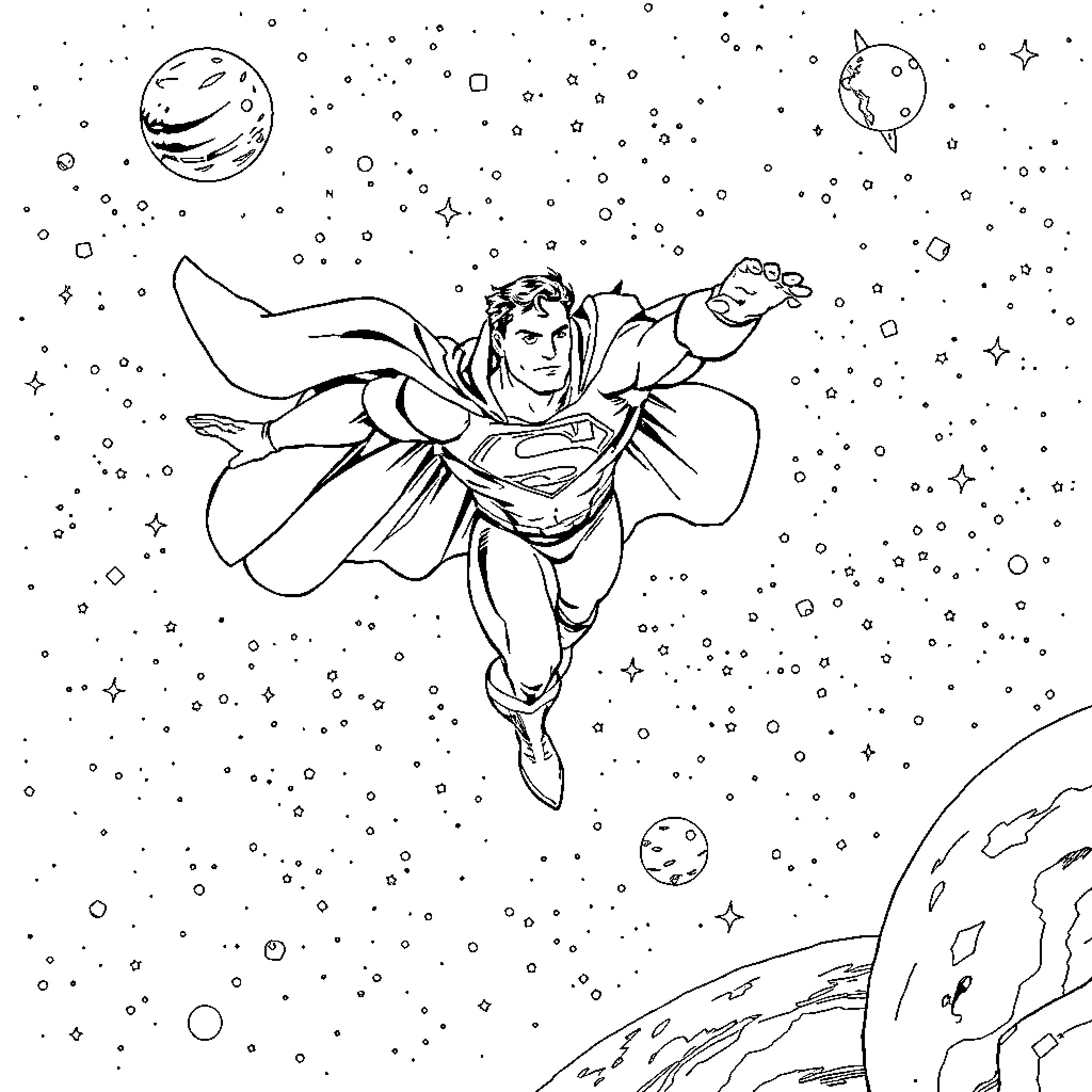 Superman soaring through the cosmic space Coloring Page (free black-and-white line drawing printable PDF for all, from beginners to advanced learners, including children, teens, adults, and seniors)