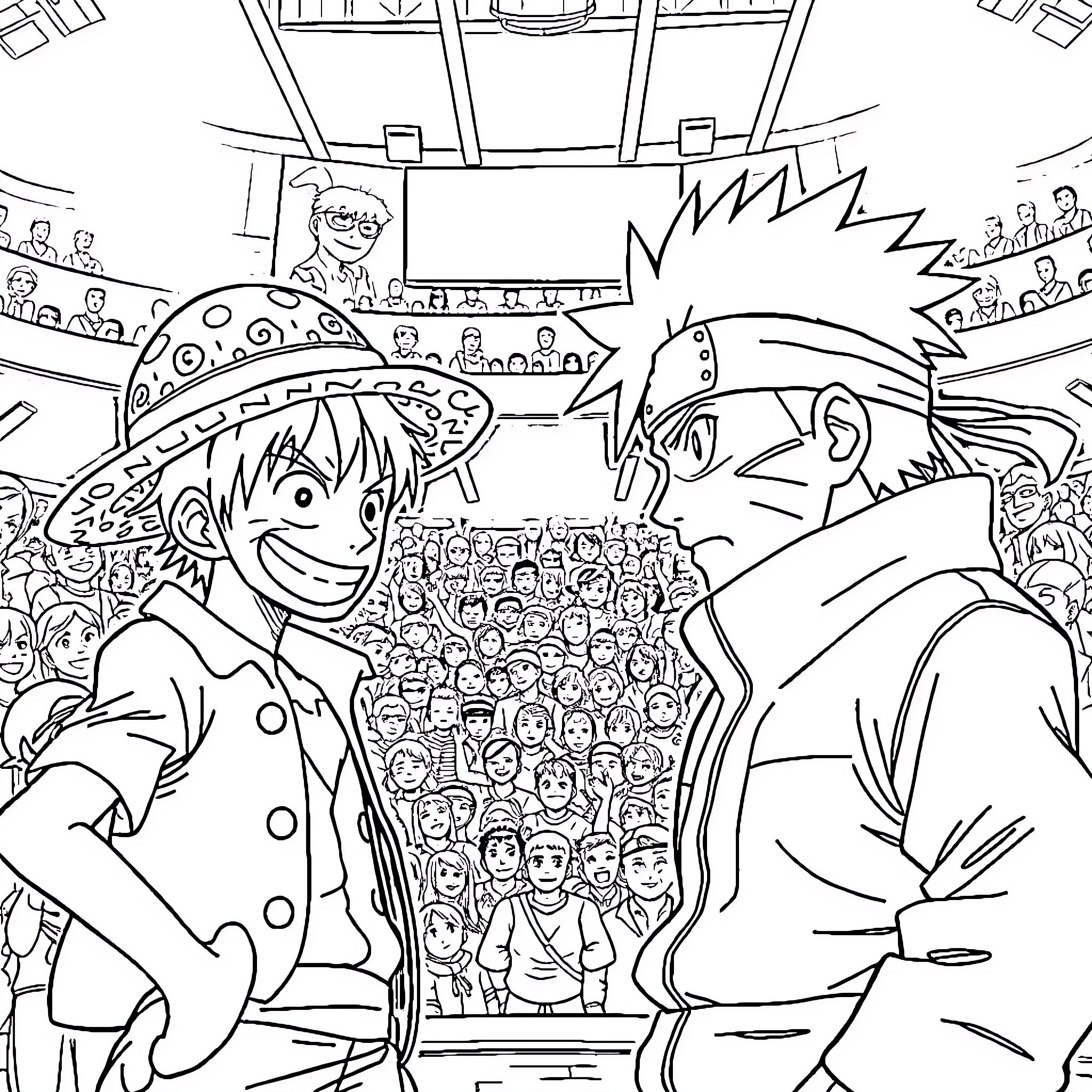 Luffy and Zoro in an intense arena match Coloring Page (free black-and-white line drawing printable PDF for all, from beginners to advanced learners, including children, teens, adults, and seniors)