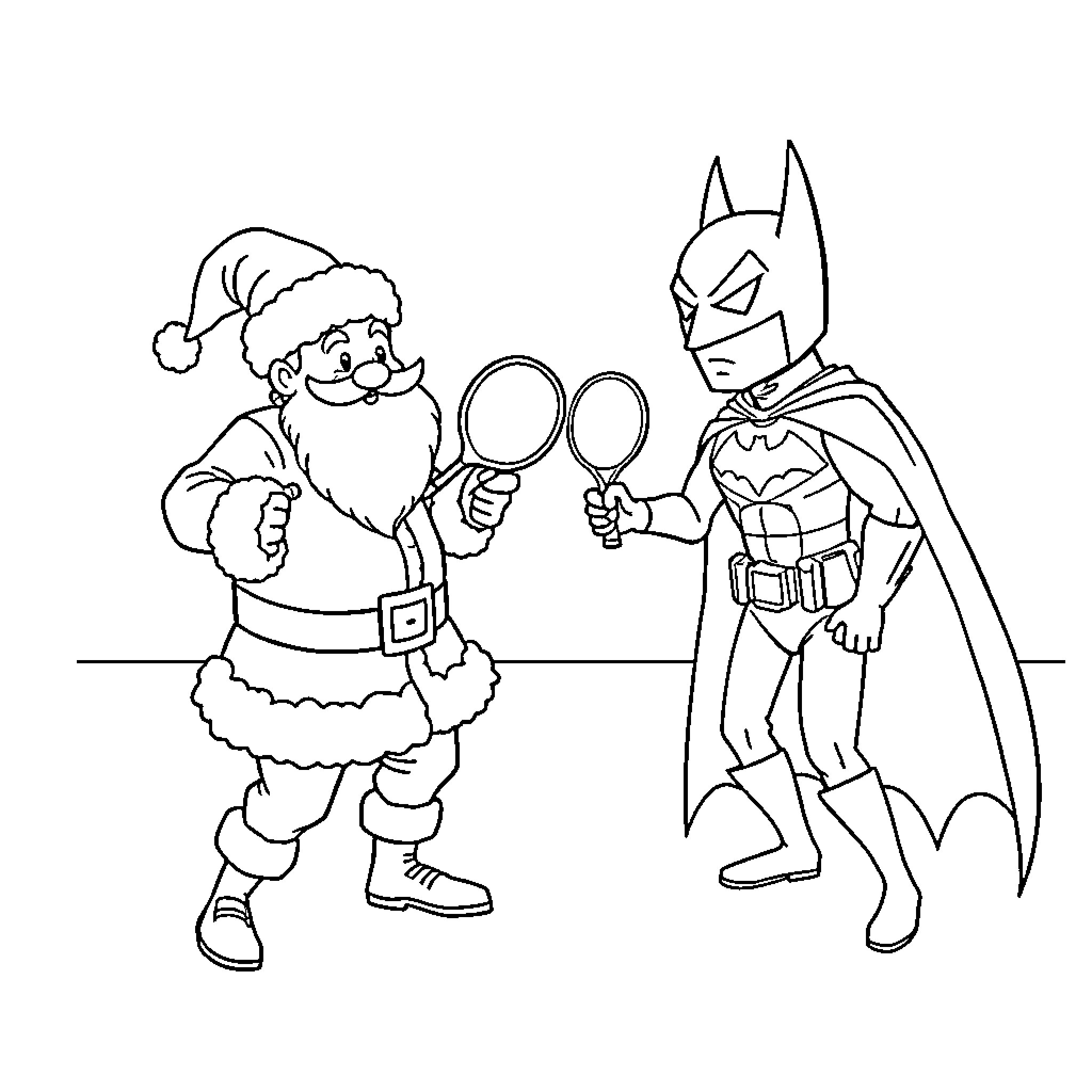 Santa and Batman investigate a mystery Coloring Page (free black-and-white line drawing printable PDF for all, from beginners to advanced learners, including children, teens, adults, and seniors)
