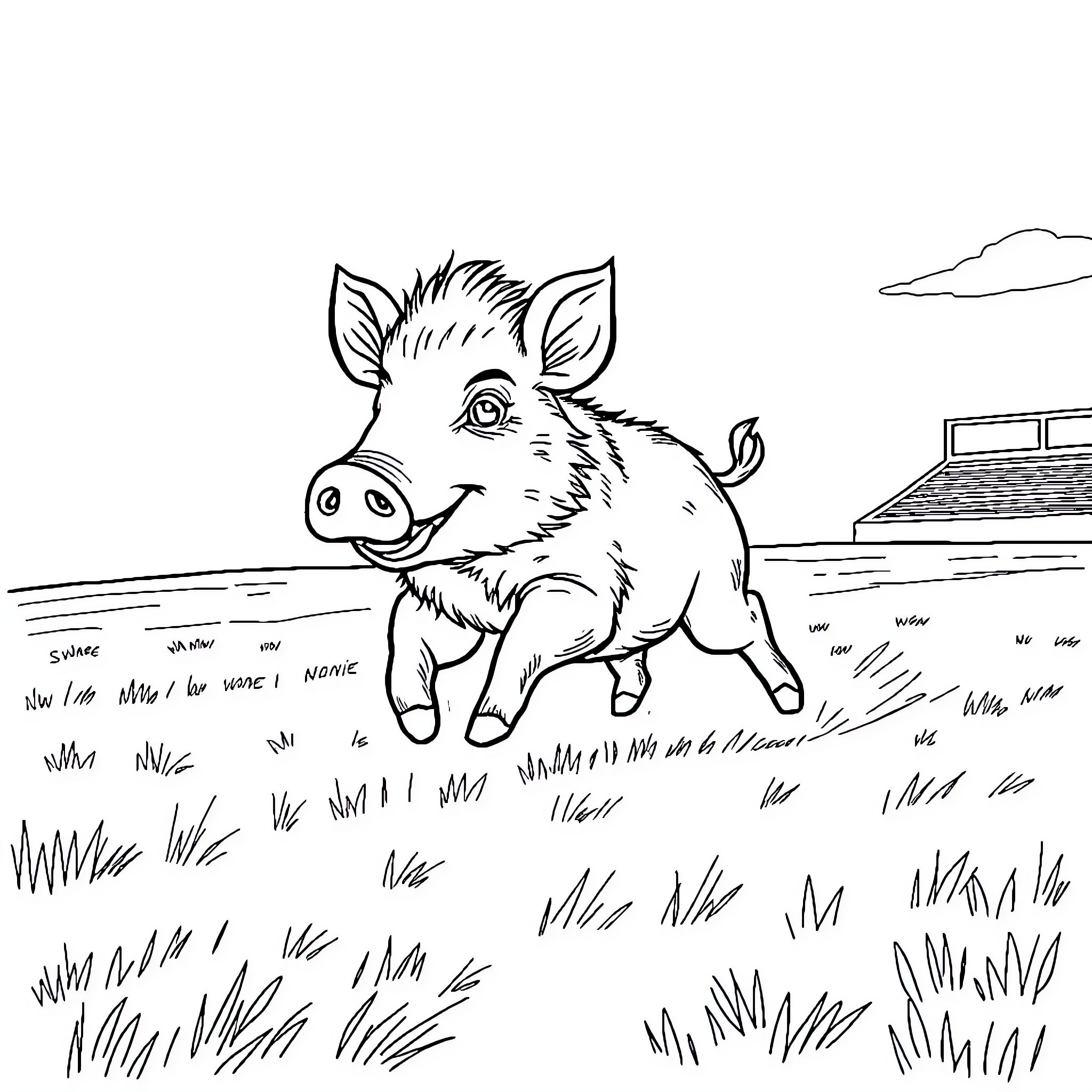 Boar running joyfully in the countryside Coloring Page (free black-and-white line drawing printable PDF for all, from beginners to advanced learners, including children, teens, adults, and seniors)