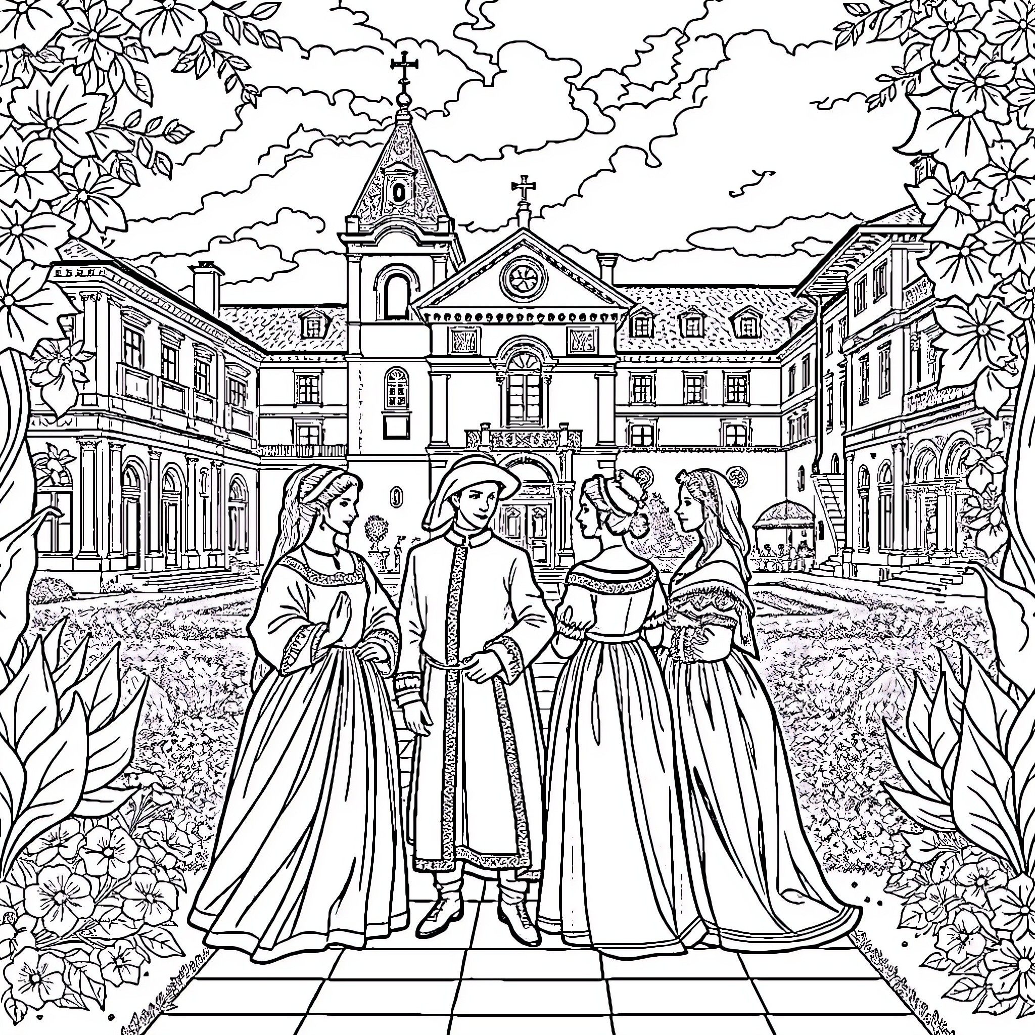 Person in historical outfits posing in front of a castle Coloring Page (free black-and-white line drawing printable PDF for all, from beginners to advanced learners, including children, teens, adults, and seniors)