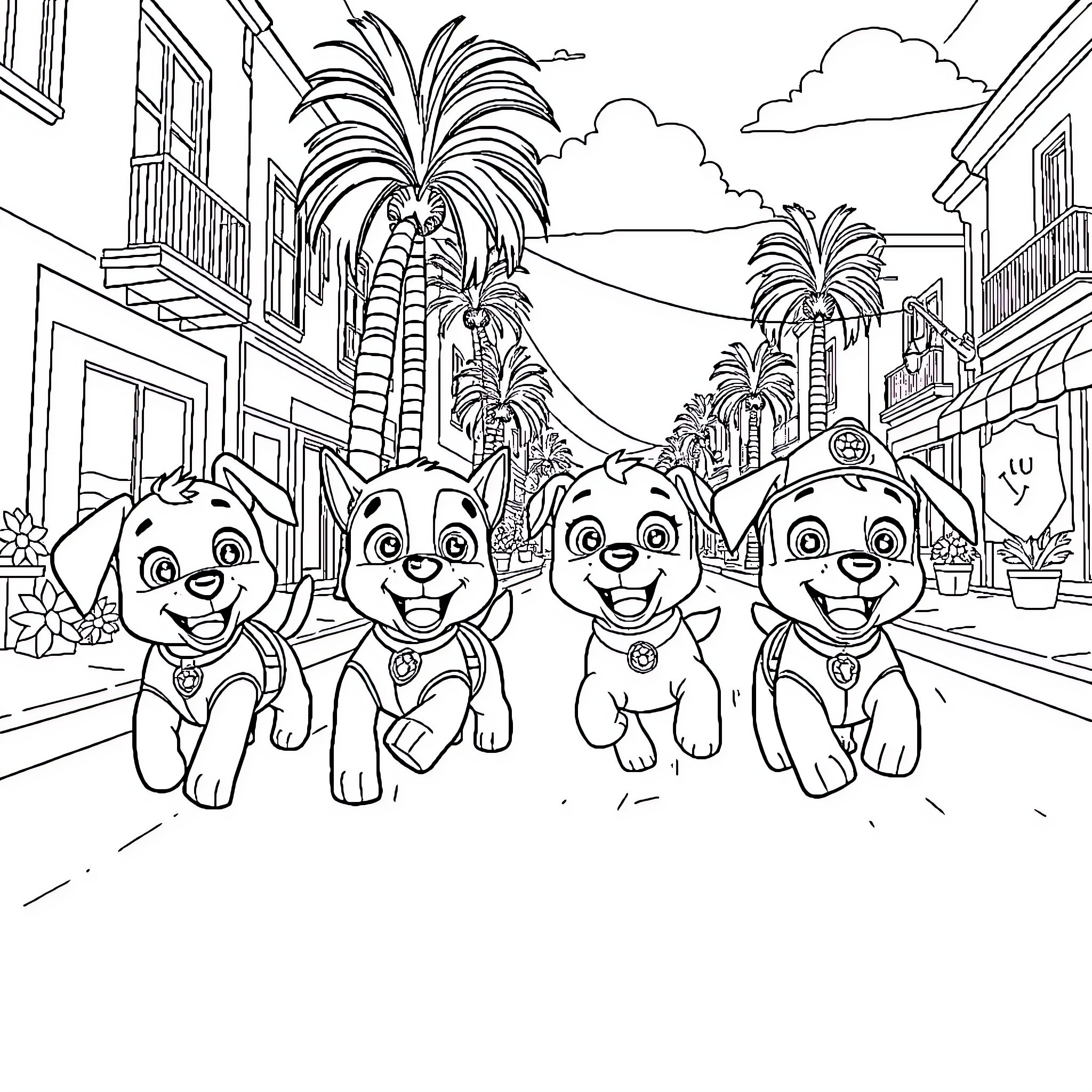 Paw Patrol characters on a tropical adventure Coloring Page (free black-and-white line drawing printable PDF for all, from beginners to advanced learners, including children, teens, adults, and seniors)