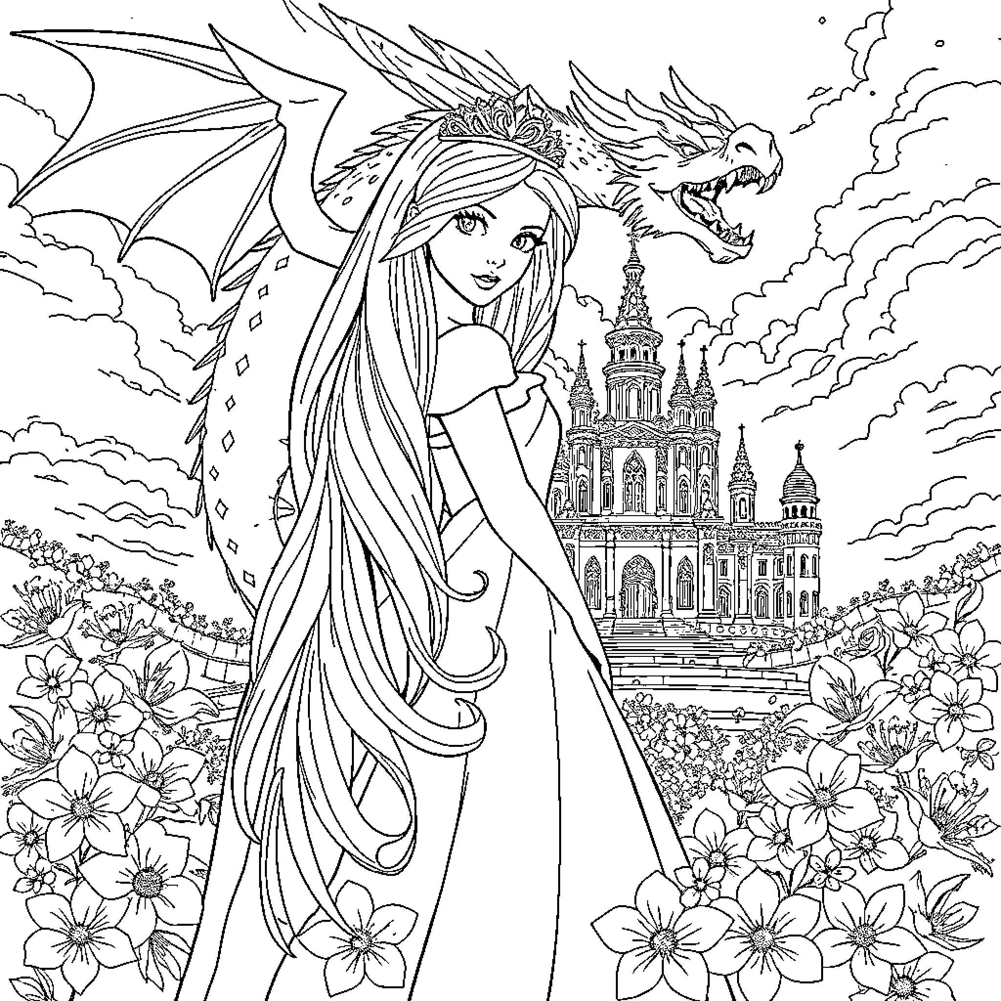 Princess and the Majestic Dragon in the Castle Garden Coloring Page (free black-and-white line drawing printable PDF for all, from beginners to advanced learners, including children, teens, adults, and seniors)