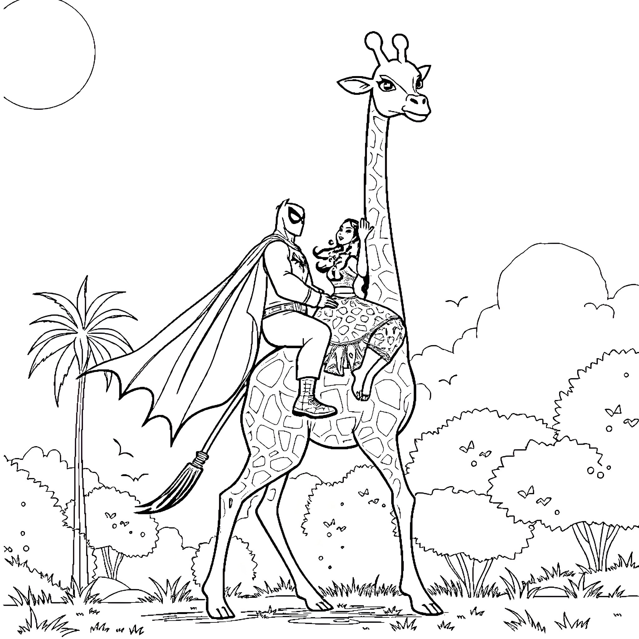Giraffe carrying a superhero in the wild Coloring Page (free black-and-white line drawing printable PDF for all, from beginners to advanced learners, including children, teens, adults, and seniors)