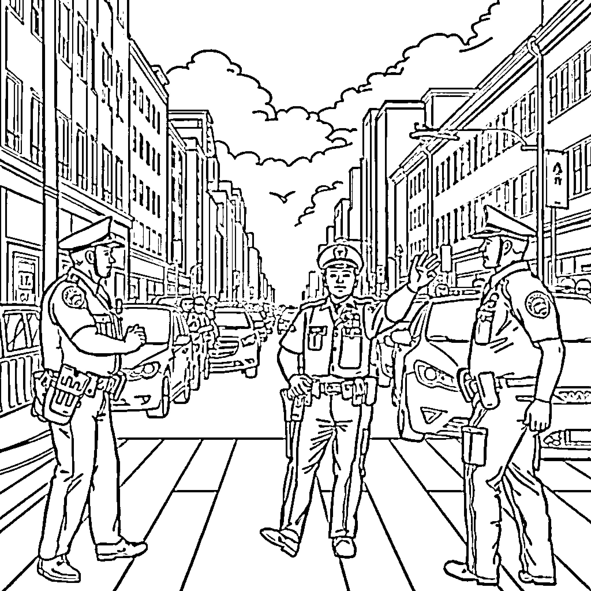 Police Officers Patrolling the City Streets Coloring Page (free black-and-white line drawing printable PDF for all, from beginners to advanced learners, including children, teens, adults, and seniors)