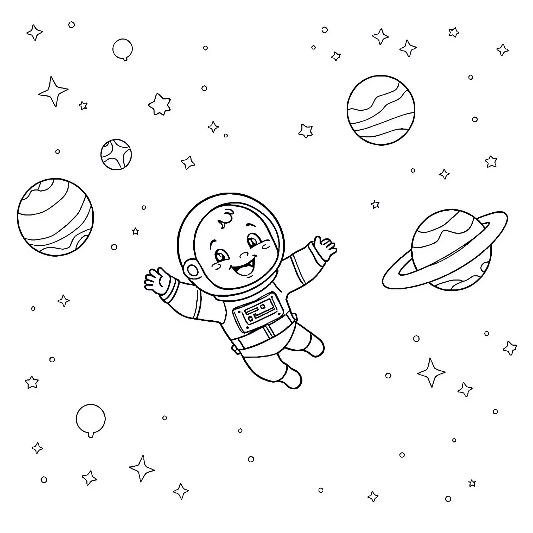 Baby astronaut exploring the space Coloring Page (free black-and-white line drawing printable PDF for all, from beginners to advanced learners, including children, teens, adults, and seniors)