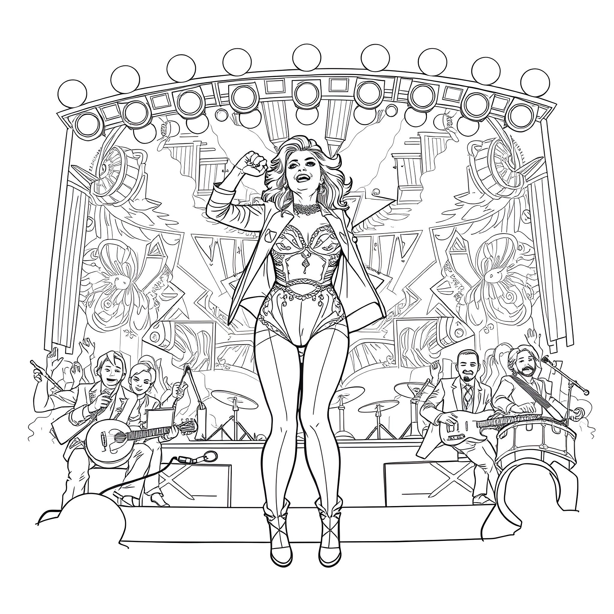 Madonna's Dazzling Stage Performance Coloring Page (free black-and-white line drawing printable PDF for all, from beginners to advanced learners, including children, teens, adults, and seniors)
