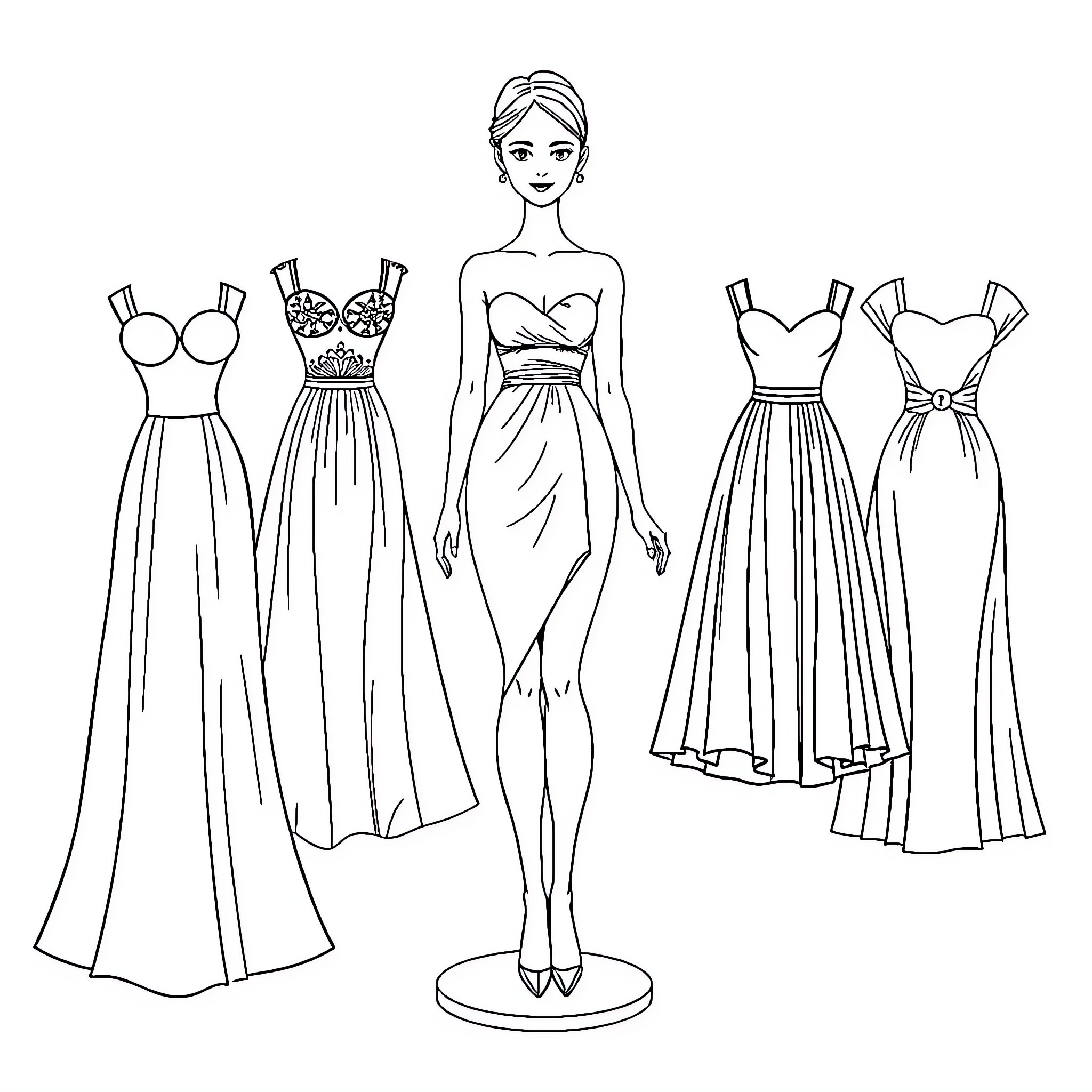 Dress Designs and Fashion Sketches Coloring Page (free black-and-white line drawing printable PDF for all, from beginners to advanced learners, including children, teens, adults, and seniors)