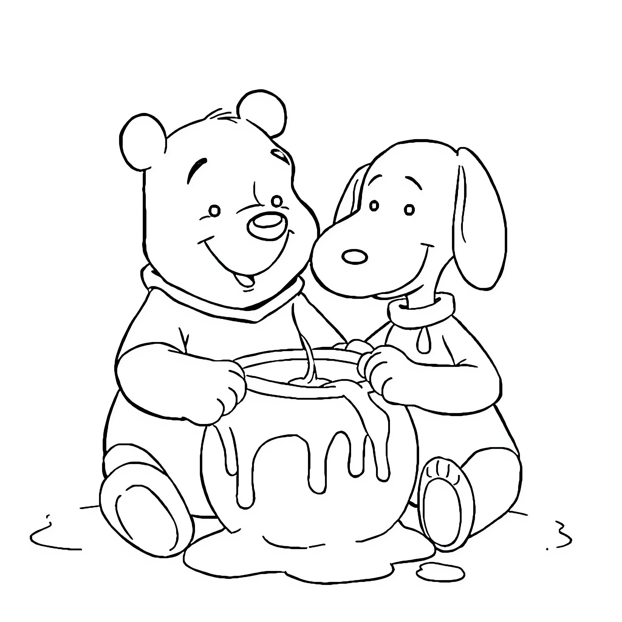 Winnie The Pooh and Puppy Playing with Honey Pot Coloring Page (free black-and-white line drawing printable PDF for all, from beginners to advanced learners, including children, teens, adults, and seniors)