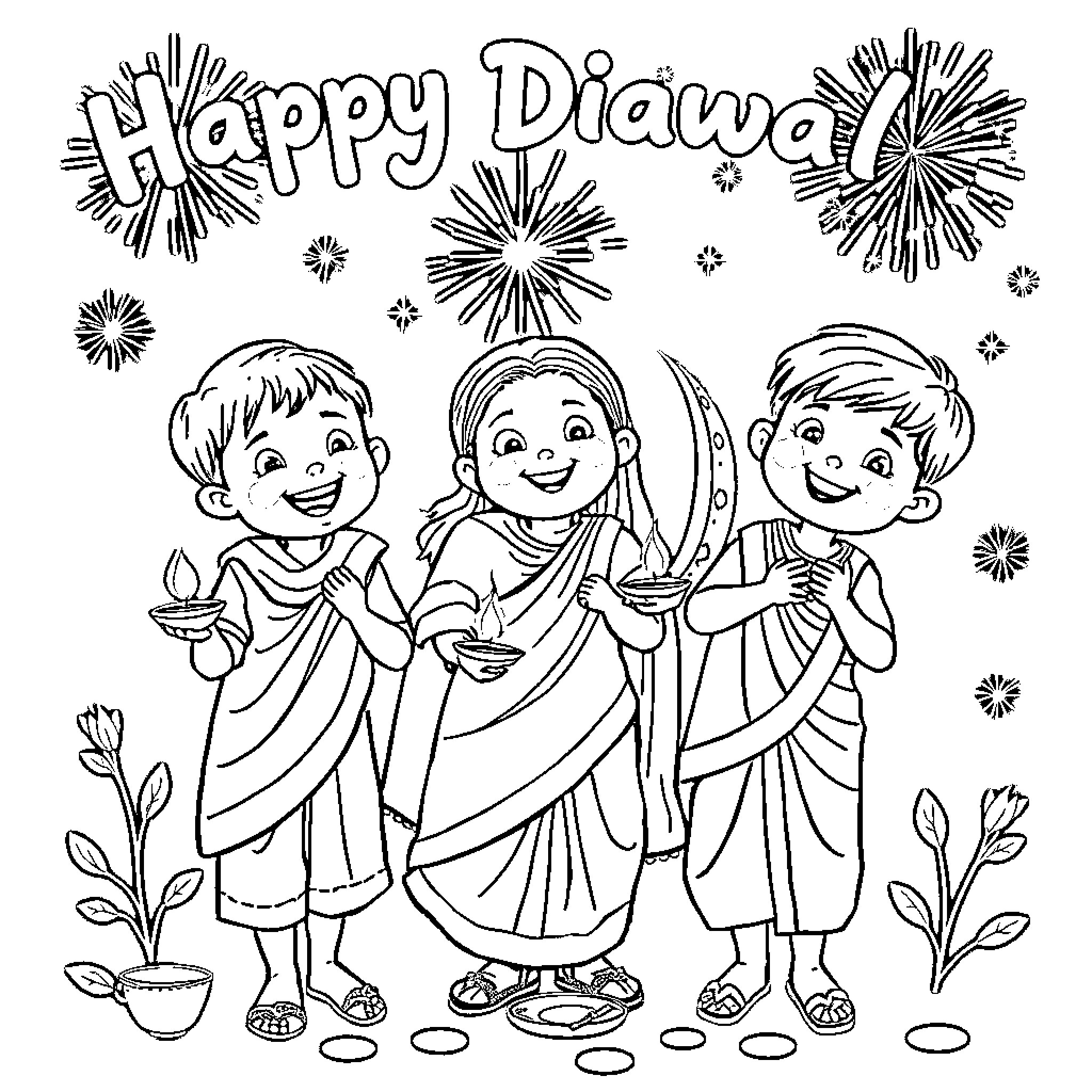 Kids celebrating Happy Diwali with traditional outfits Coloring Page (free black-and-white line drawing printable PDF for all, from beginners to advanced learners, including children, teens, adults, and seniors)