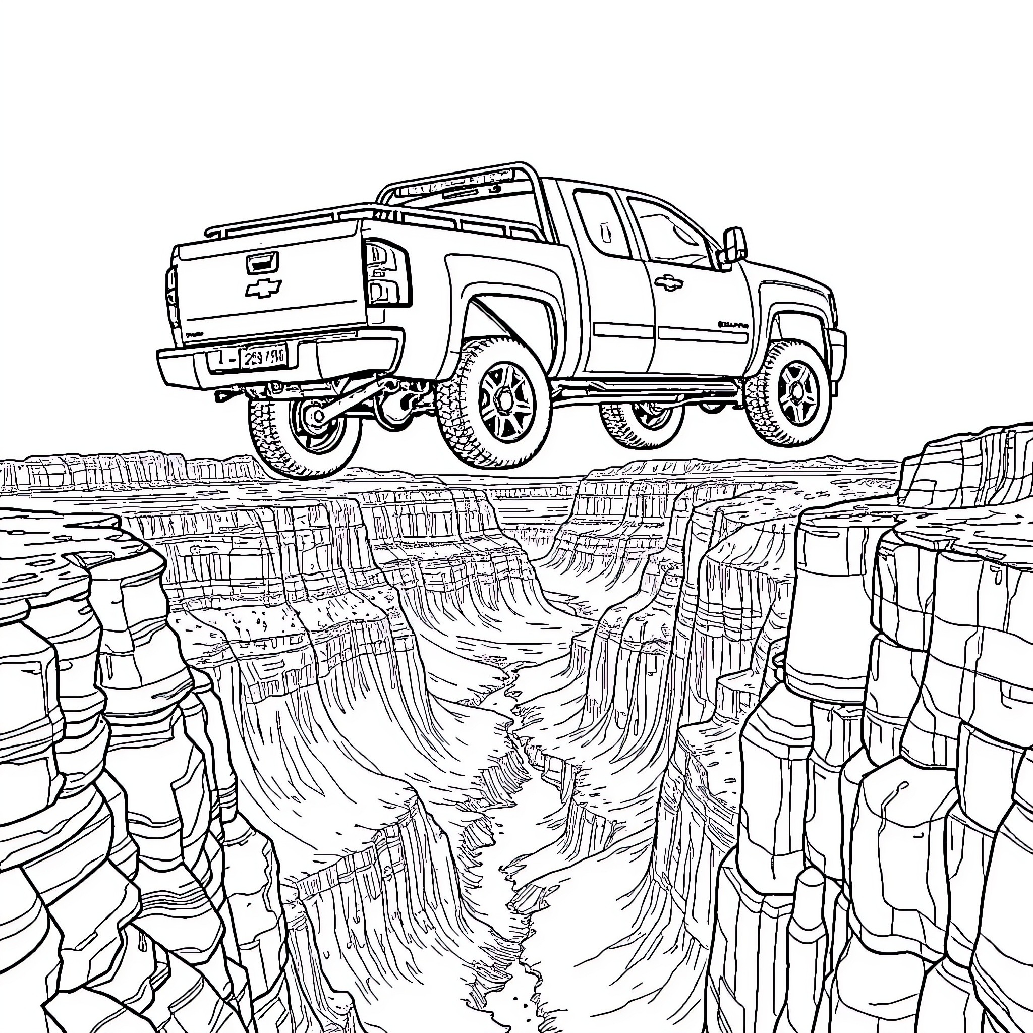 Silverado Truck Traversing Rocky Canyon Landscape Coloring Page (free black-and-white line drawing printable PDF for all, from beginners to advanced learners, including children, teens, adults, and seniors)