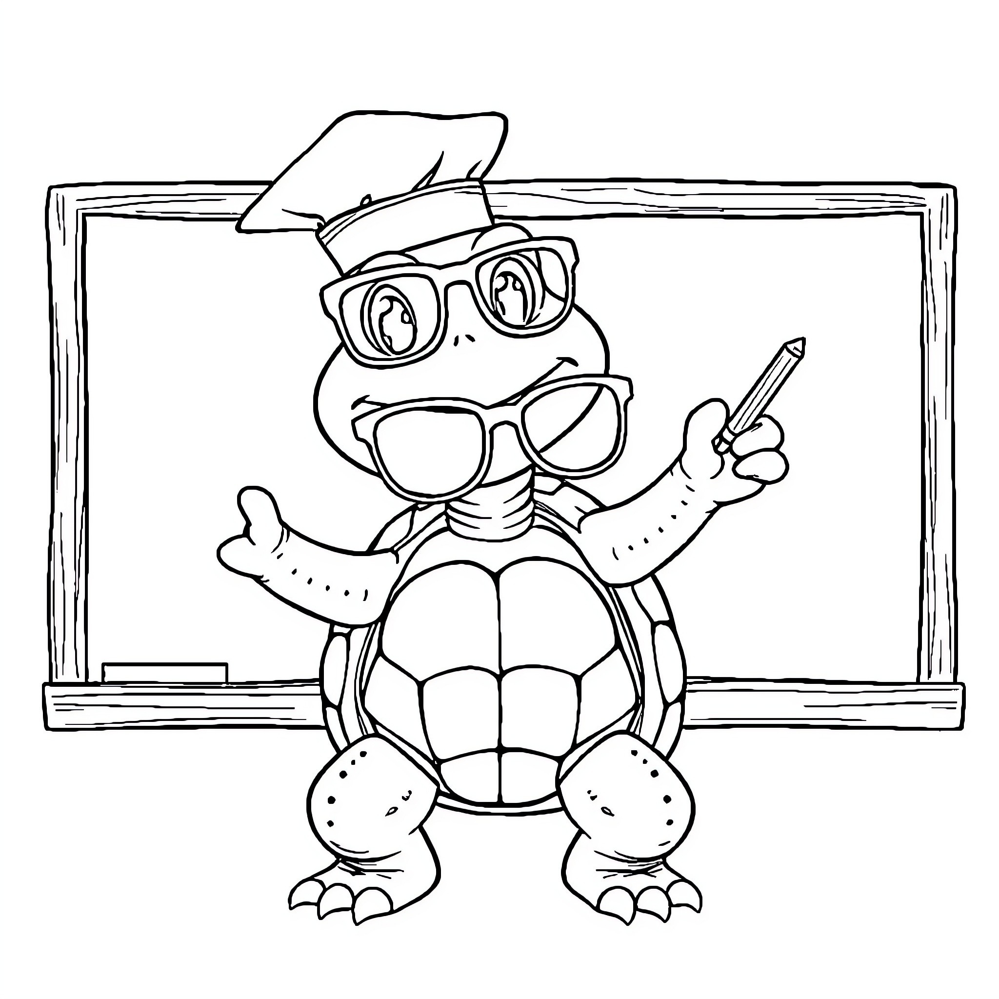 Turtle with glasses teaching in front of a chalkboard Coloring Page (free black-and-white line drawing printable PDF for all, from beginners to advanced learners, including children, teens, adults, and seniors)