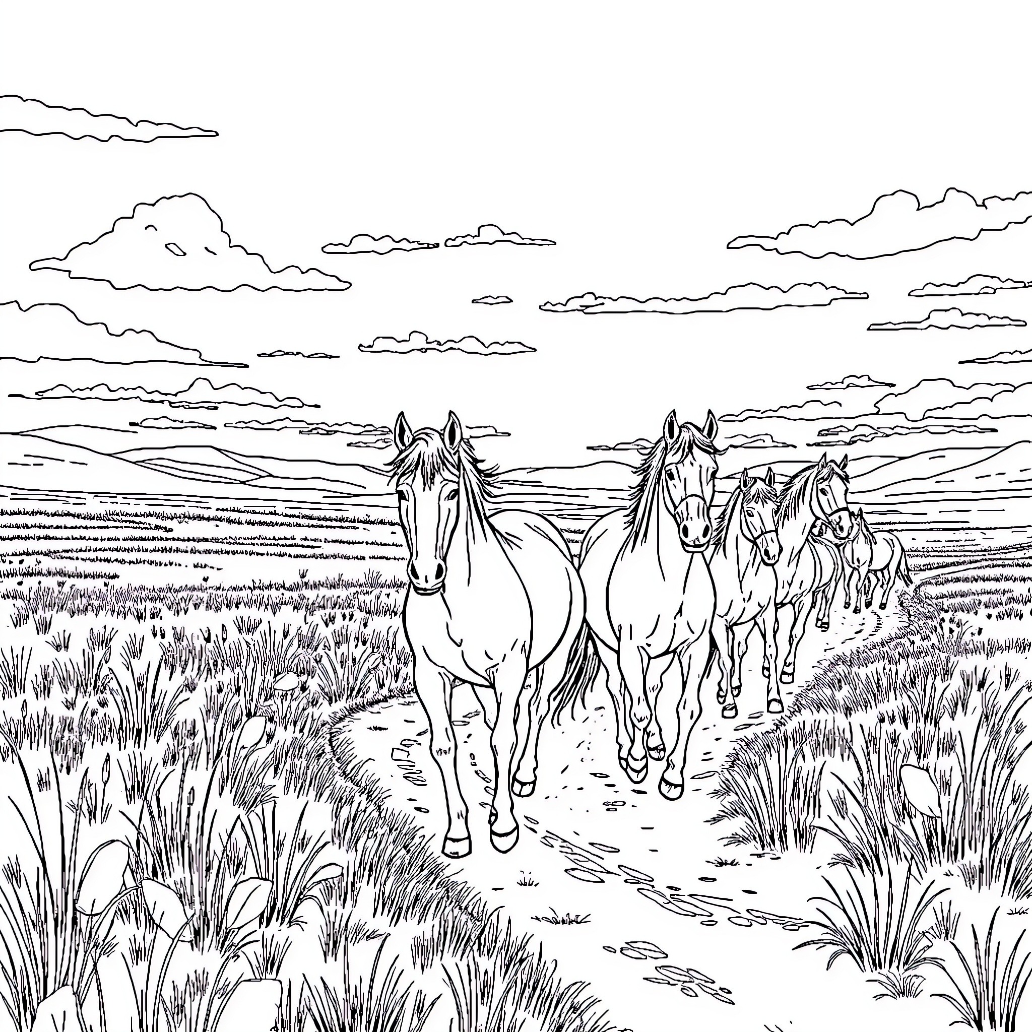 Horses galloping through the vast countryside Coloring Page (free black-and-white line drawing printable PDF for all, from beginners to advanced learners, including children, teens, adults, and seniors)