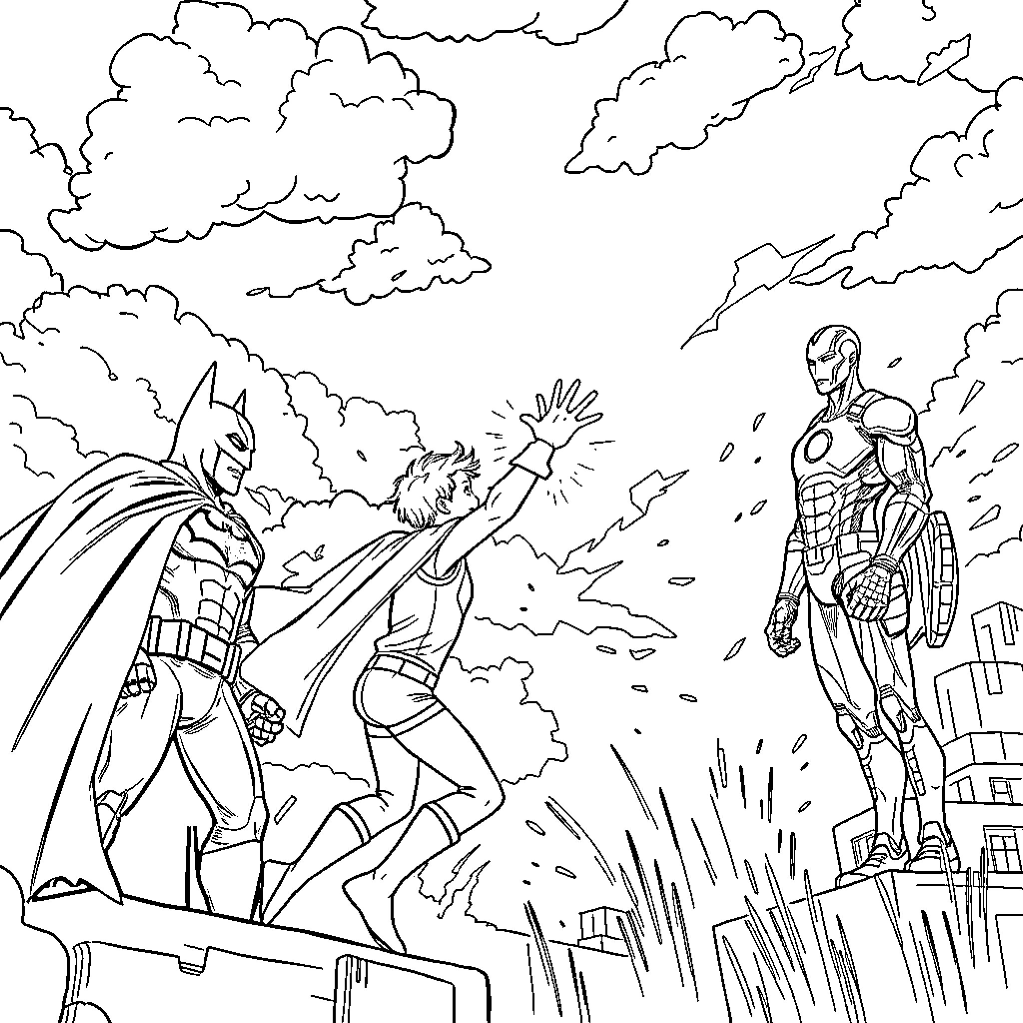 Superhero showdown in the city skyline Coloring Page (free black-and-white line drawing printable PDF for all, from beginners to advanced learners, including children, teens, adults, and seniors)