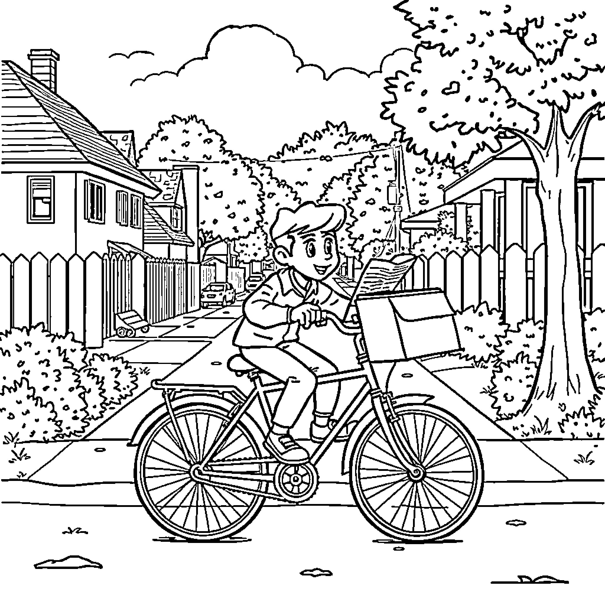 Dexter's Bike Ride Through the Neighborhood Coloring Page (free black-and-white line drawing printable PDF for all, from beginners to advanced learners, including children, teens, adults, and seniors)