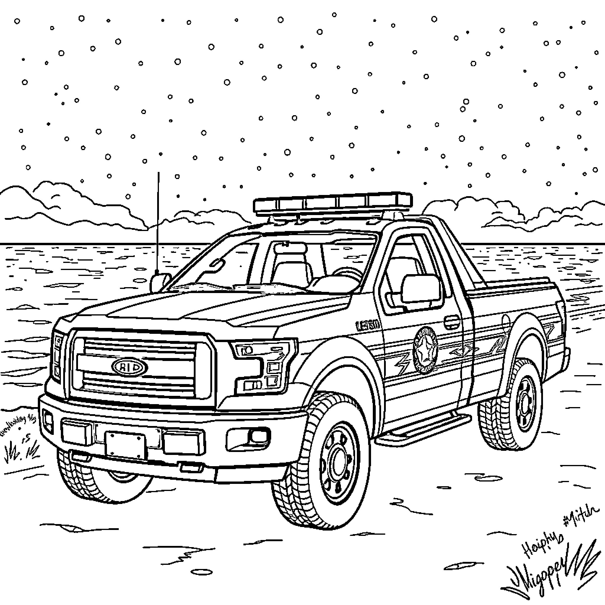 Emergency Vehicle Responding in Snowy Landscape Coloring Page (free black-and-white line drawing printable PDF for all, from beginners to advanced learners, including children, teens, adults, and seniors)
