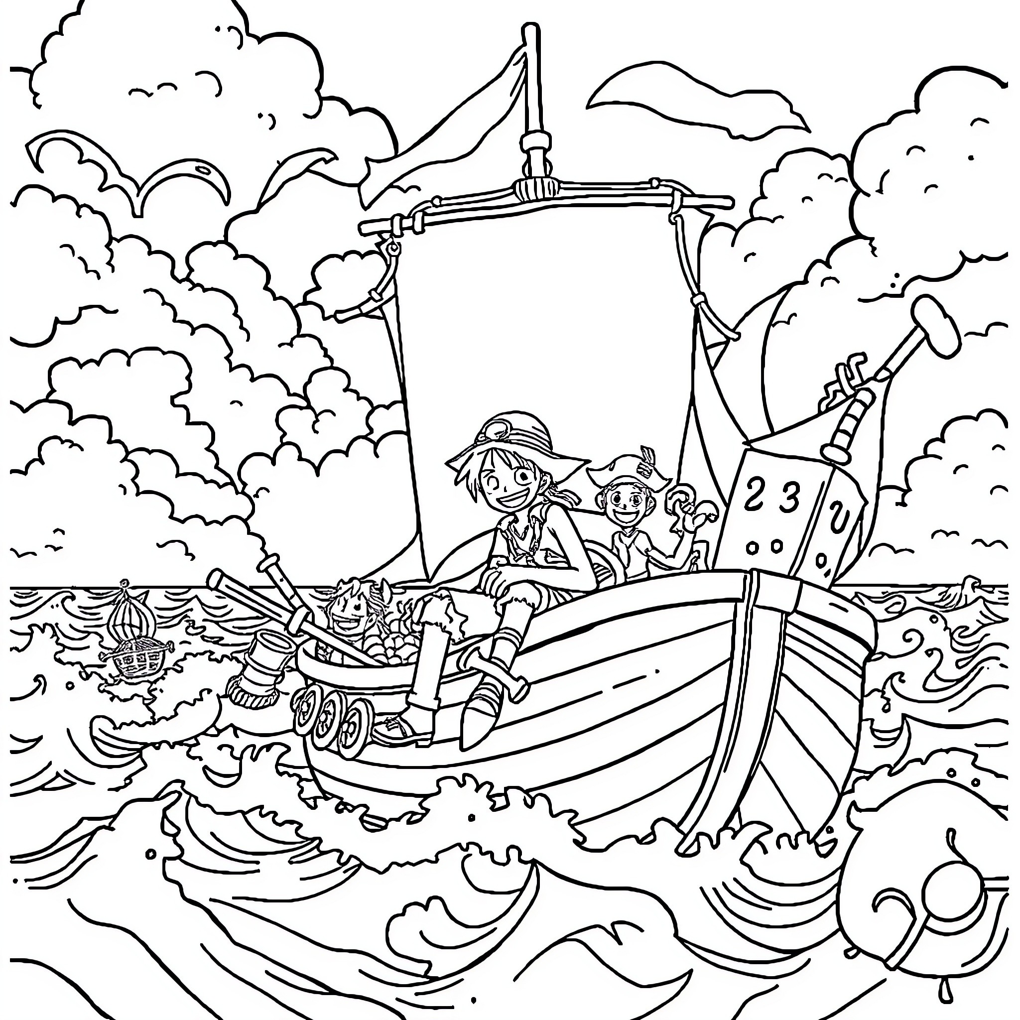 One Piece Crew Navigating Turbulent Seas Coloring Page (free black-and-white line drawing printable PDF for all, from beginners to advanced learners, including children, teens, adults, and seniors)