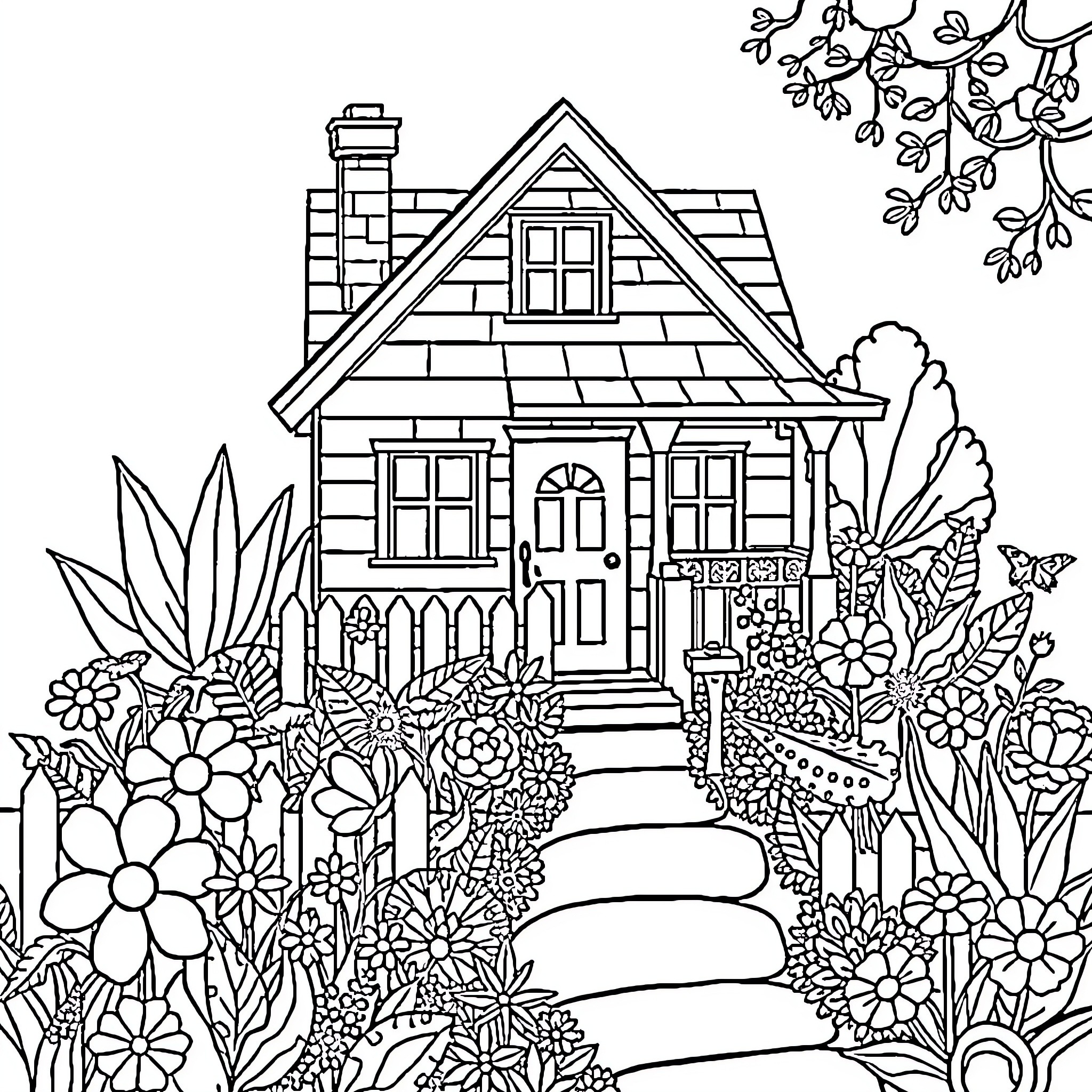 House adorned with flourishing garden and flowers Coloring Page (free black-and-white line drawing printable PDF for all, from beginners to advanced learners, including children, teens, adults, and seniors)
