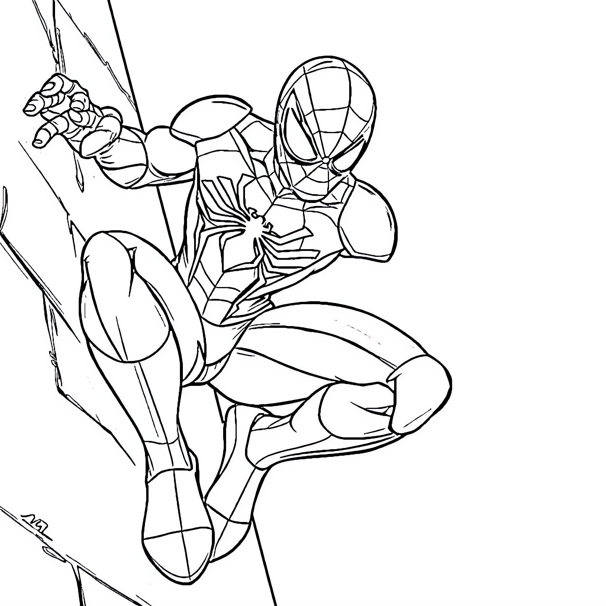 Spiderman climbing and swinging through the city Coloring Page (free black-and-white line drawing printable PDF for all, from beginners to advanced learners, including children, teens, adults, and seniors)