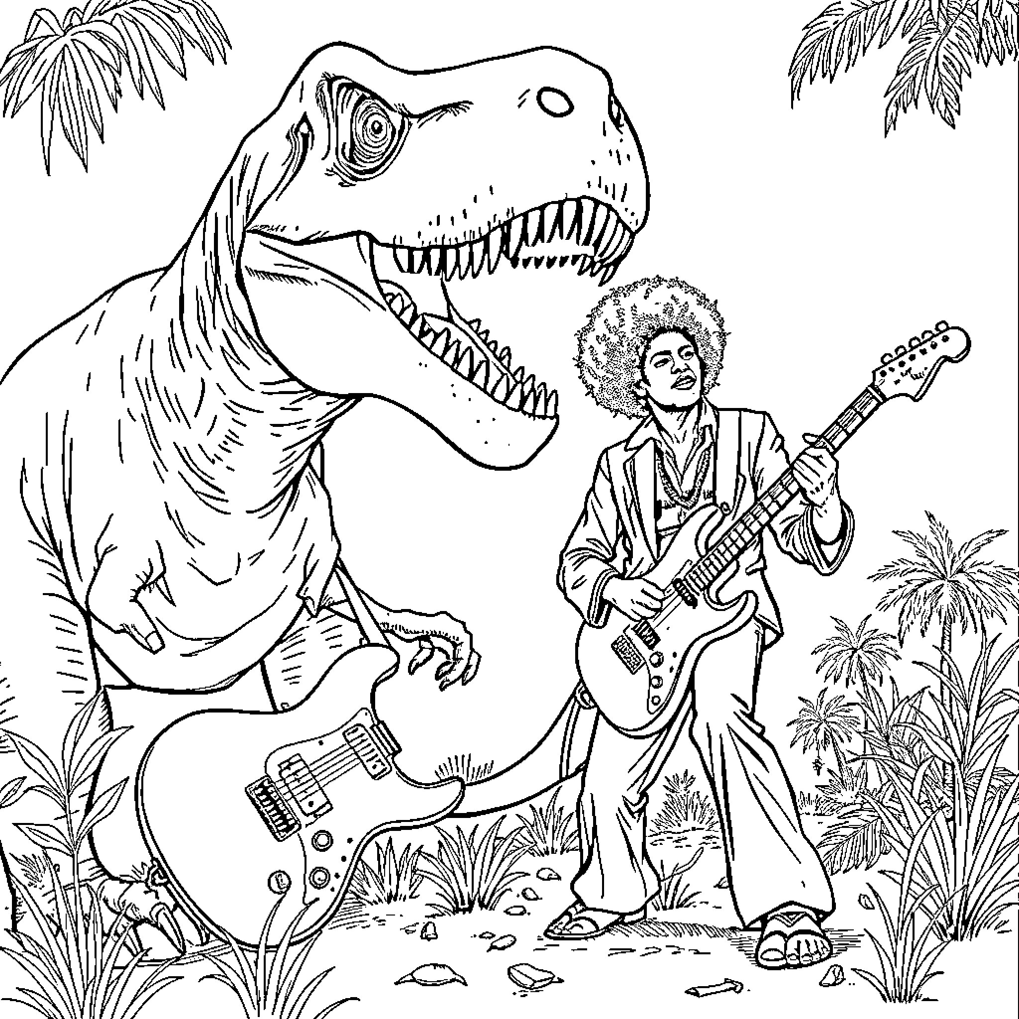 Jimi Hendrix playing guitar with a T-Rex in the jungle Coloring Page (free black-and-white line drawing printable PDF for all, from beginners to advanced learners, including children, teens, adults, and seniors)