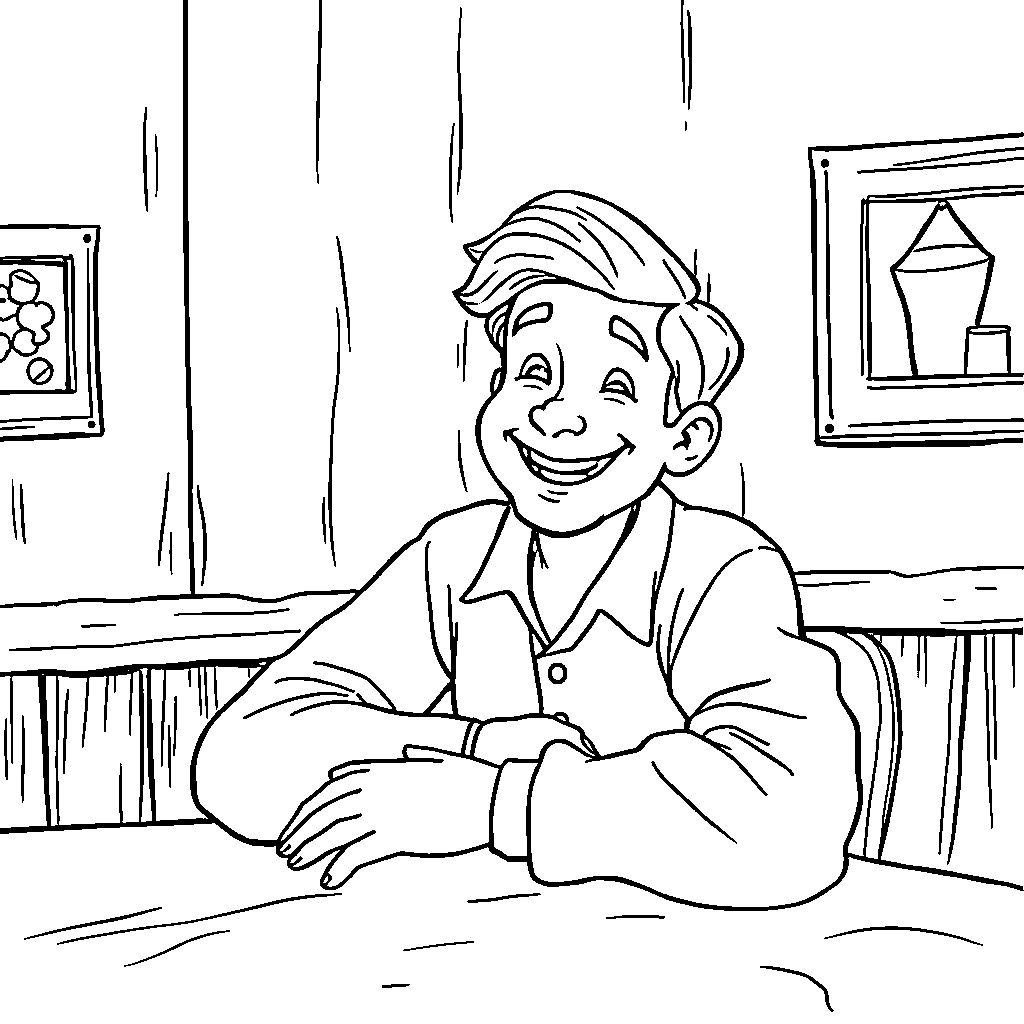 Giulio's Cheerful Portrait in Cozy Study Coloring Page (free black-and-white line drawing printable PDF for all, from beginners to advanced learners, including children, teens, adults, and seniors)