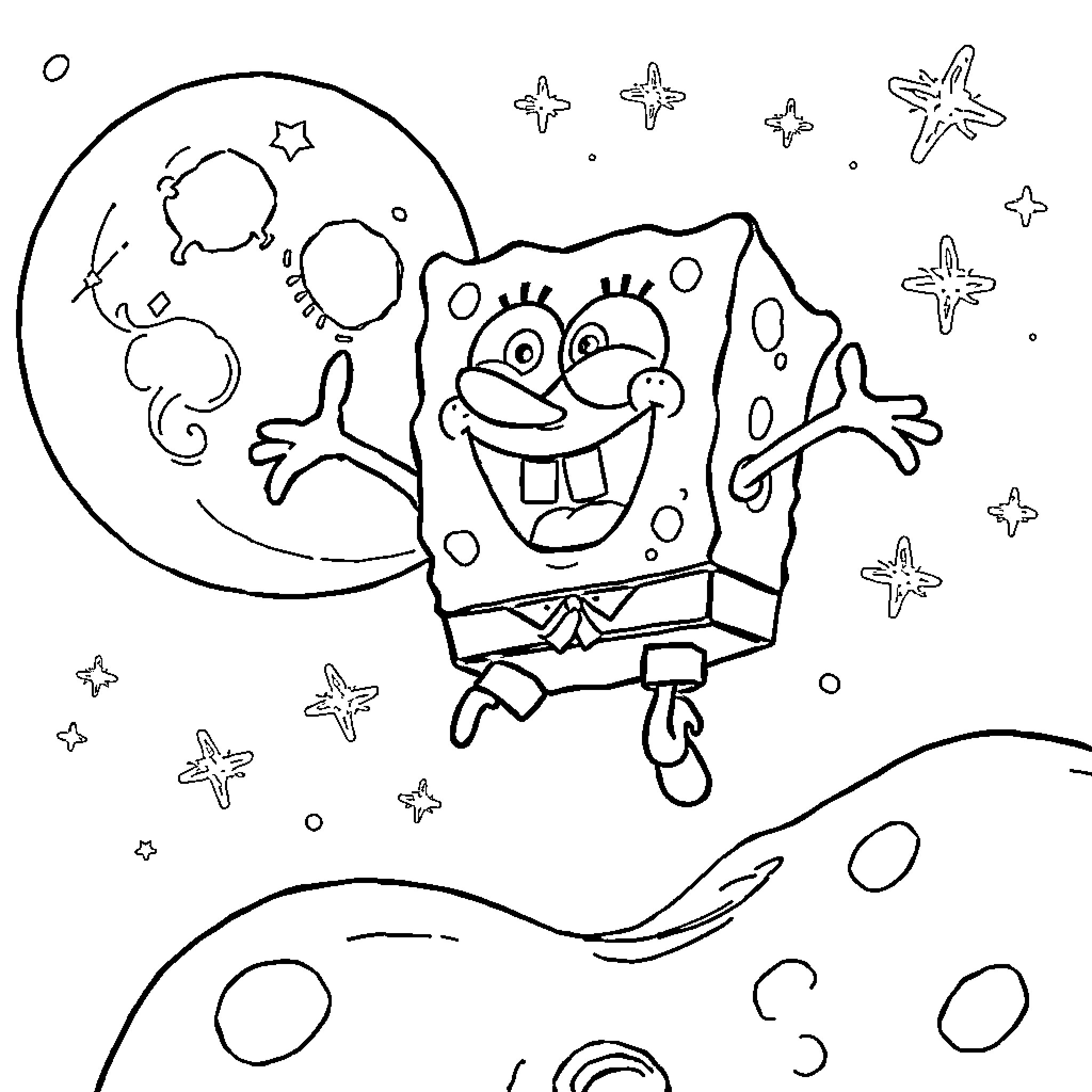 Spongebob Floating in Space with Starfish Coloring Page (free black-and-white line drawing printable PDF for all, from beginners to advanced learners, including children, teens, adults, and seniors)