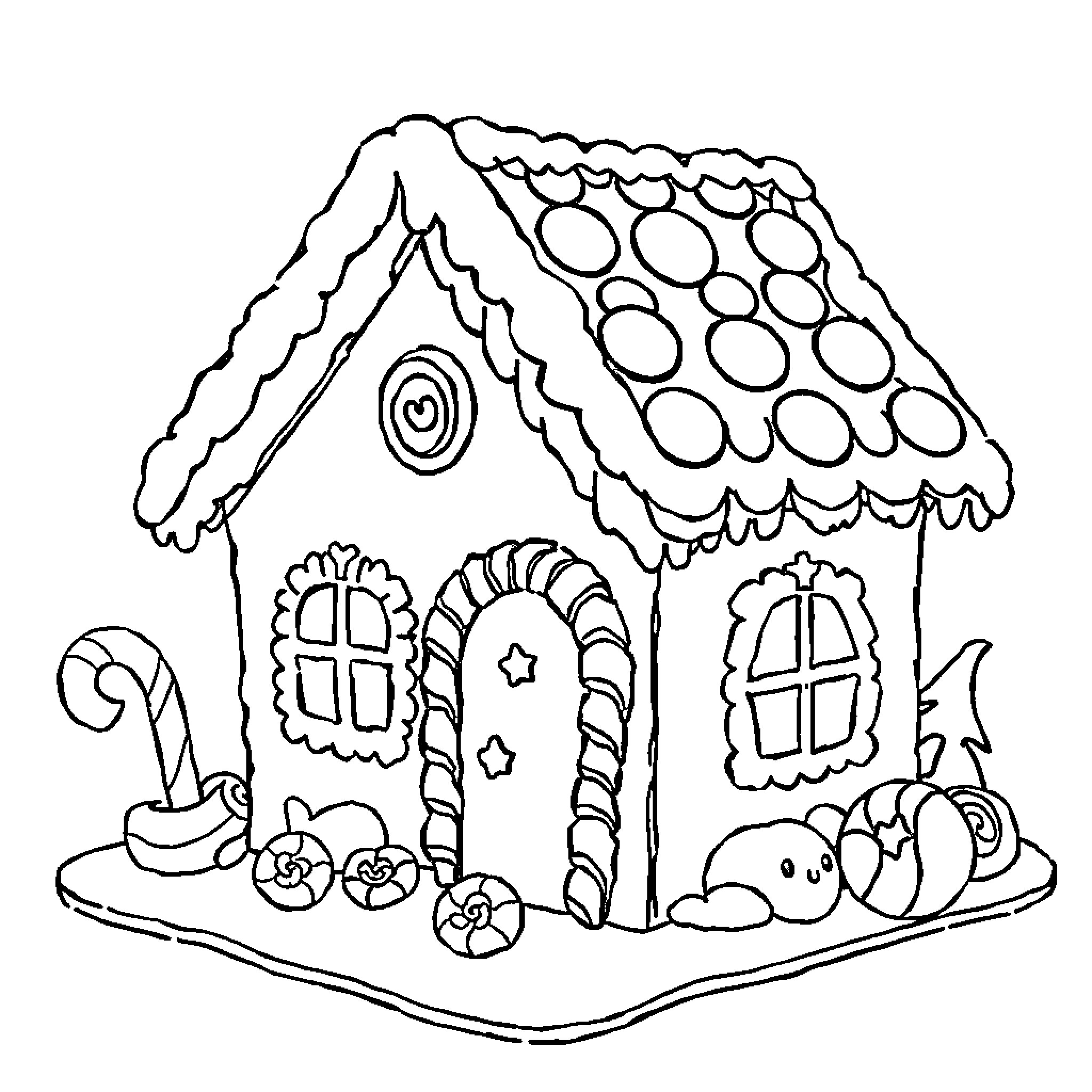 Gingerbread House with Decorative Details Coloring Page (free black-and-white line drawing printable PDF for all, from beginners to advanced learners, including children, teens, adults, and seniors)