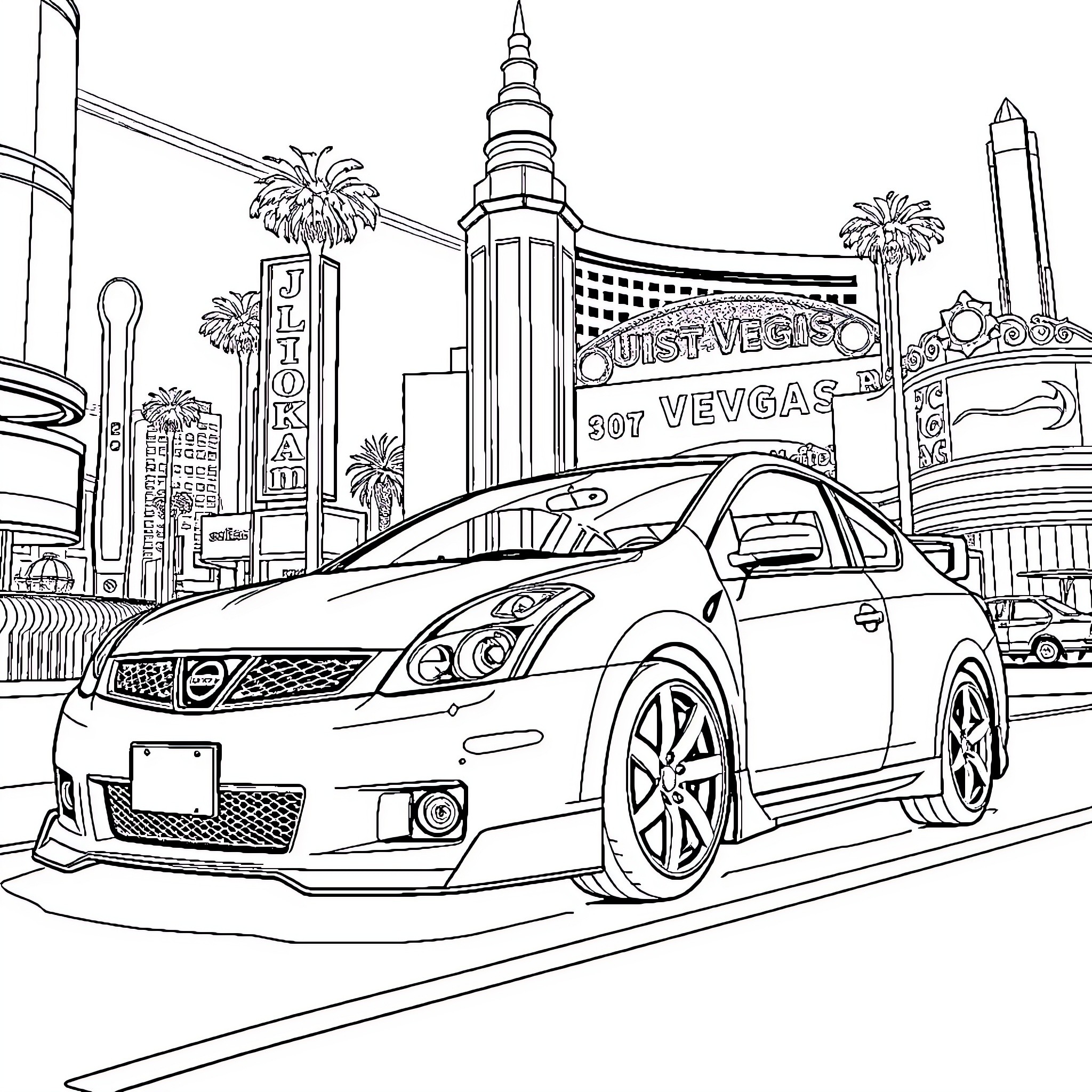 Sentra sports car in Las Vegas cityscape Coloring Page (free black-and-white line drawing printable PDF for all, from beginners to advanced learners, including children, teens, adults, and seniors)