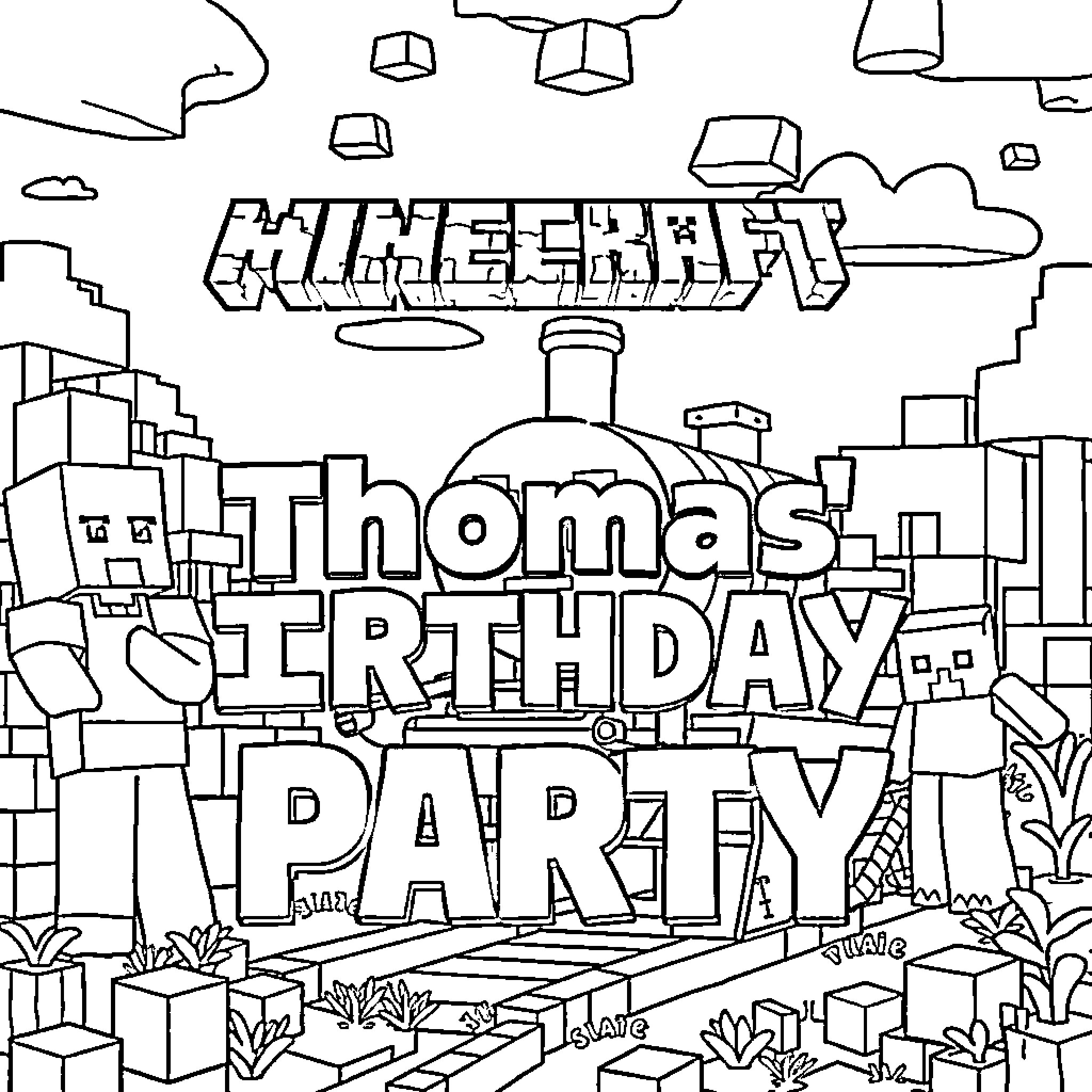 Minecraft Thomas' Birthday Party Coloring Page (free black-and-white line drawing printable PDF for all, from beginners to advanced learners, including children, teens, adults, and seniors)