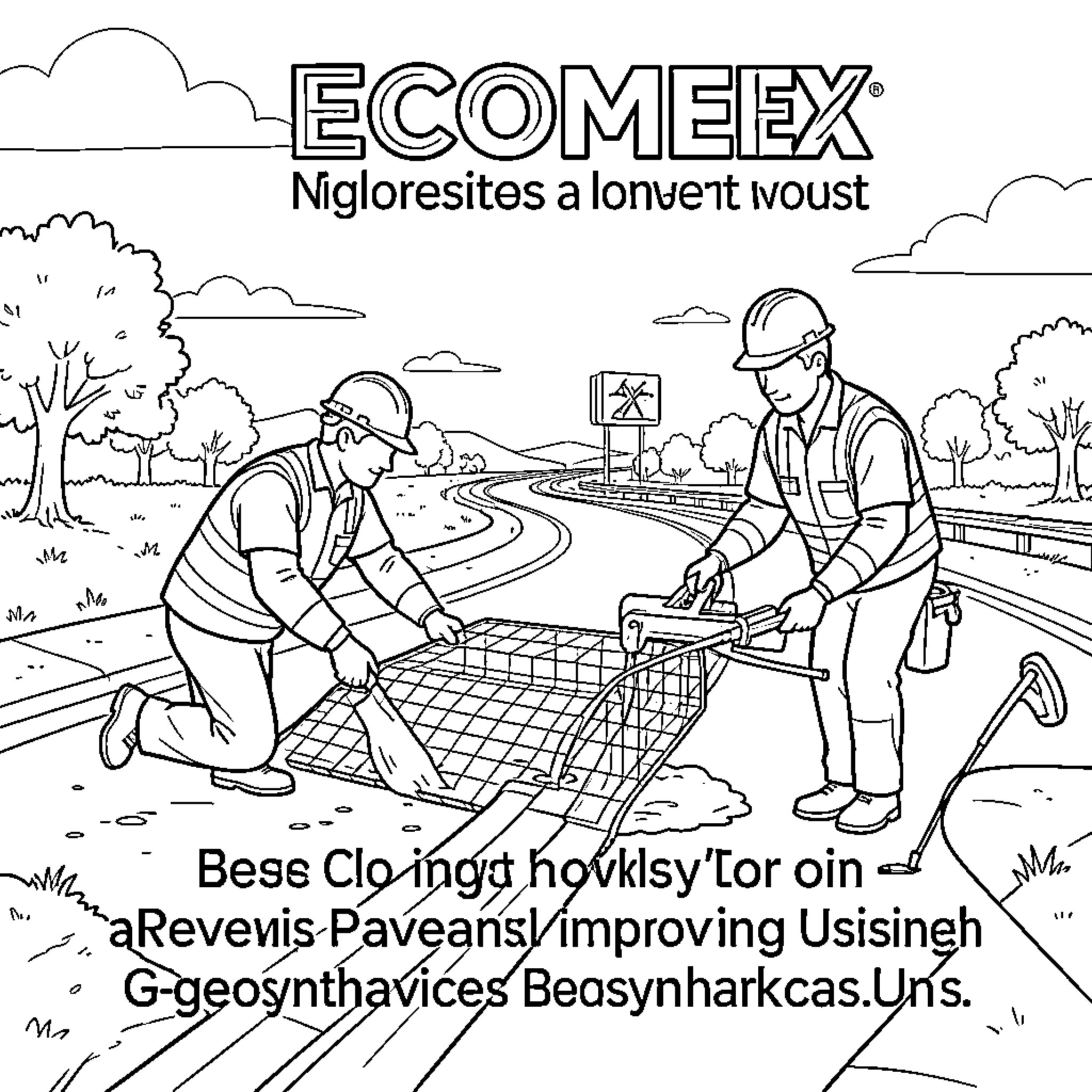 Geosynthetics being installed by workers on a road construction site Coloring Page (free black-and-white line drawing printable PDF for all, from beginners to advanced learners, including children, teens, adults, and seniors)