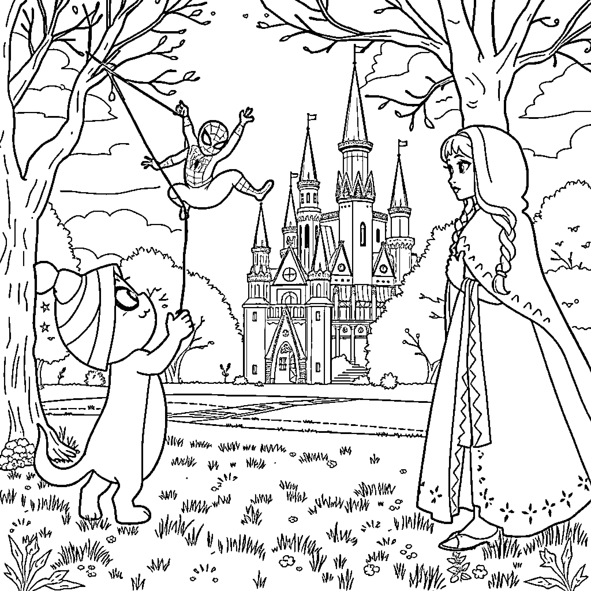 Character playing in a magical forest with a castle Coloring Page (free black-and-white line drawing printable PDF for all, from beginners to advanced learners, including children, teens, adults, and seniors)