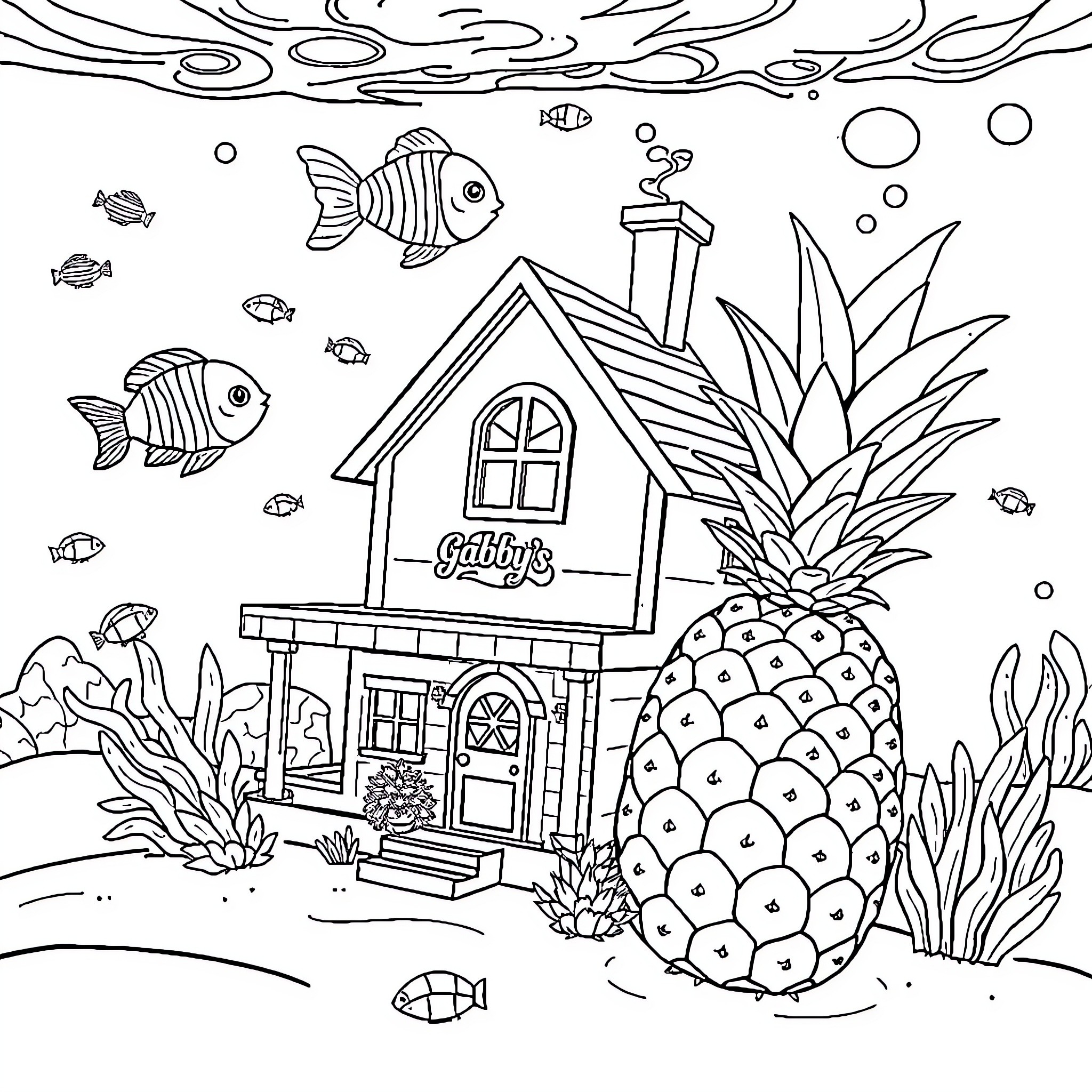 Gabby's Dollhouse: Underwater Adventure with Sea Creatures Coloring Page (free black-and-white line drawing printable PDF for all, from beginners to advanced learners, including children, teens, adults, and seniors)