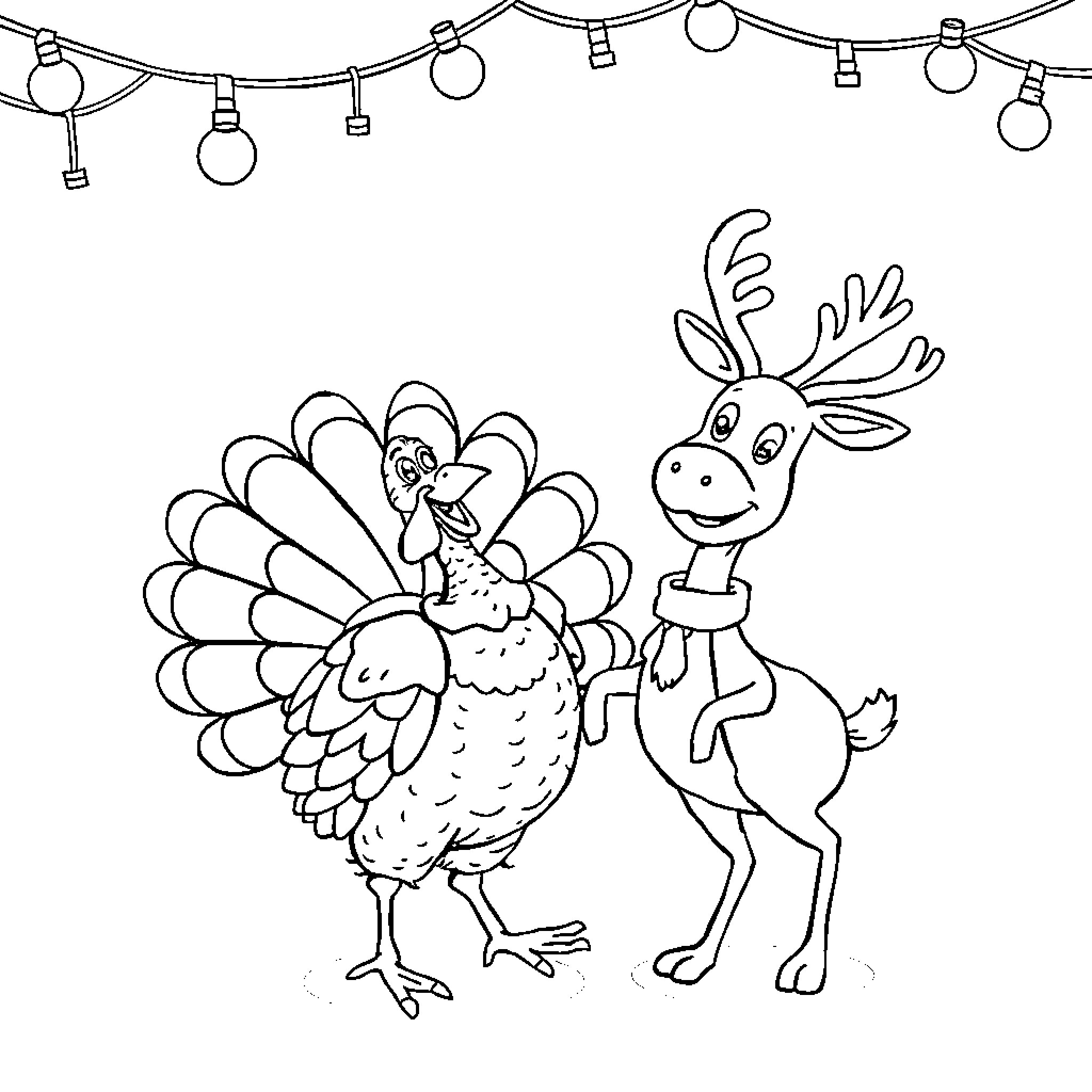 Turkey and deer celebrating in festive lights Coloring Page (free black-and-white line drawing printable PDF for all, from beginners to advanced learners, including children, teens, adults, and seniors)