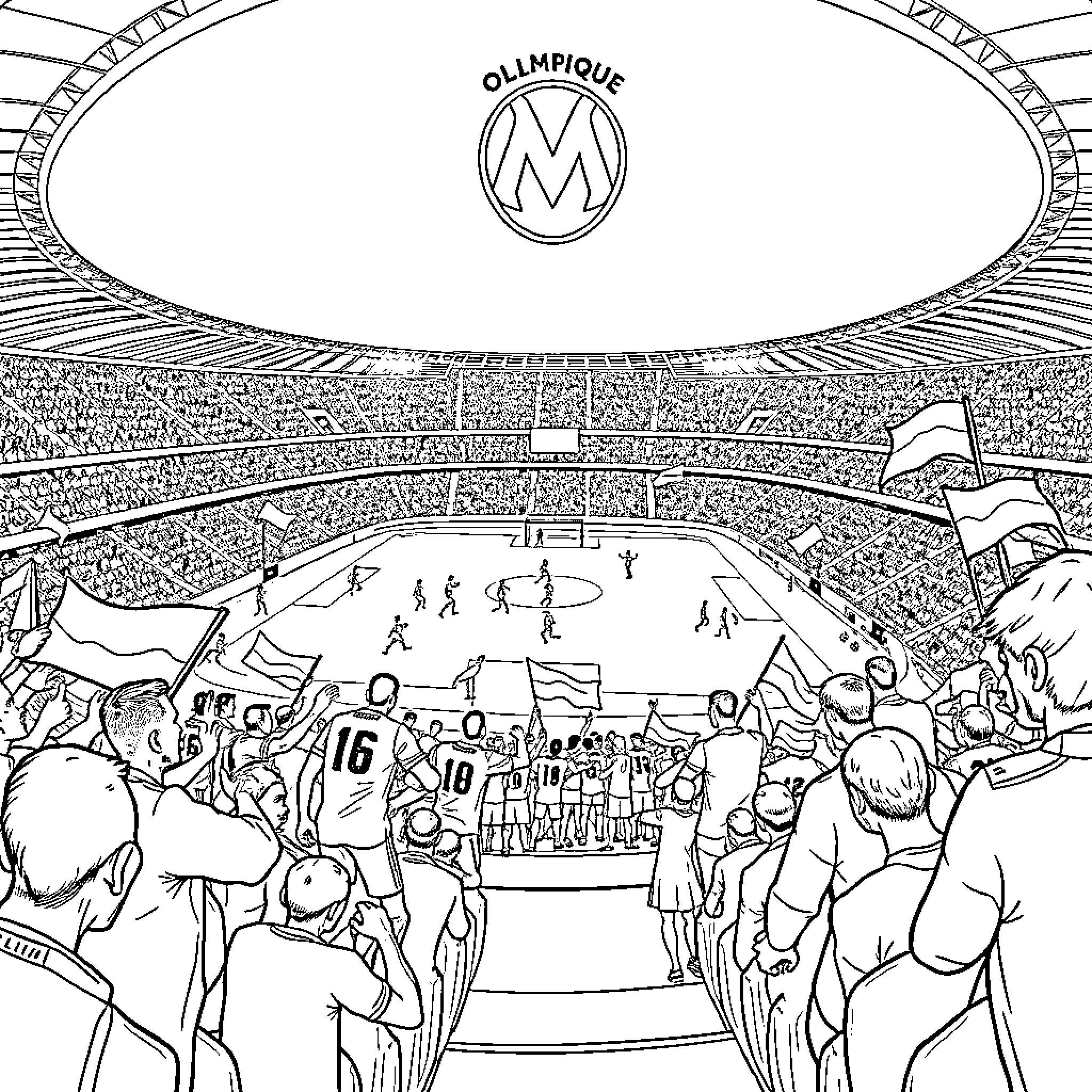 Stadium filled with spectators cheering for players Coloring Page (free black-and-white line drawing printable PDF for all, from beginners to advanced learners, including children, teens, adults, and seniors)