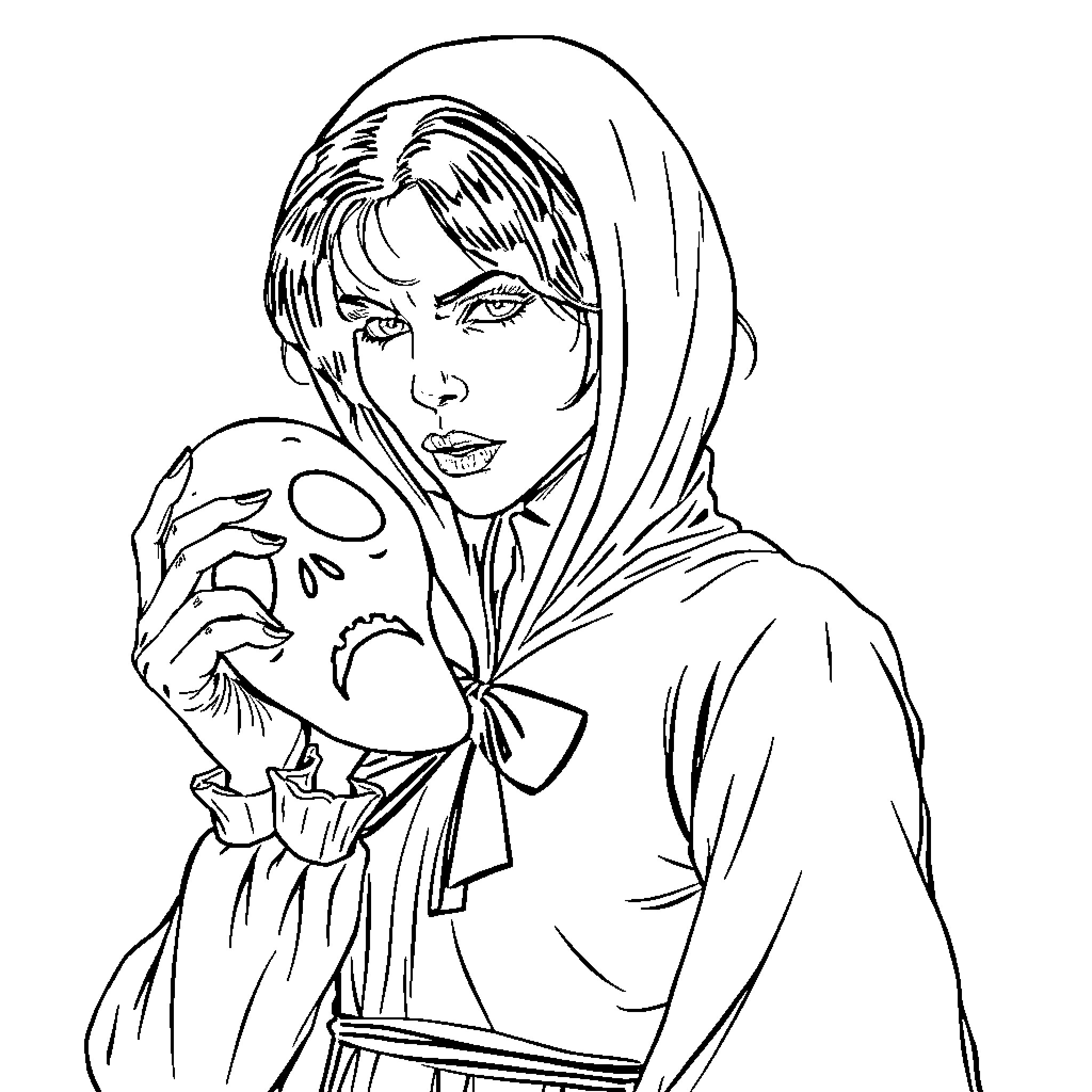 Neve Campbell in a dark, hooded outfit holding a spooky mask Coloring Page (free black-and-white line drawing printable PDF for all, from beginners to advanced learners, including children, teens, adults, and seniors)