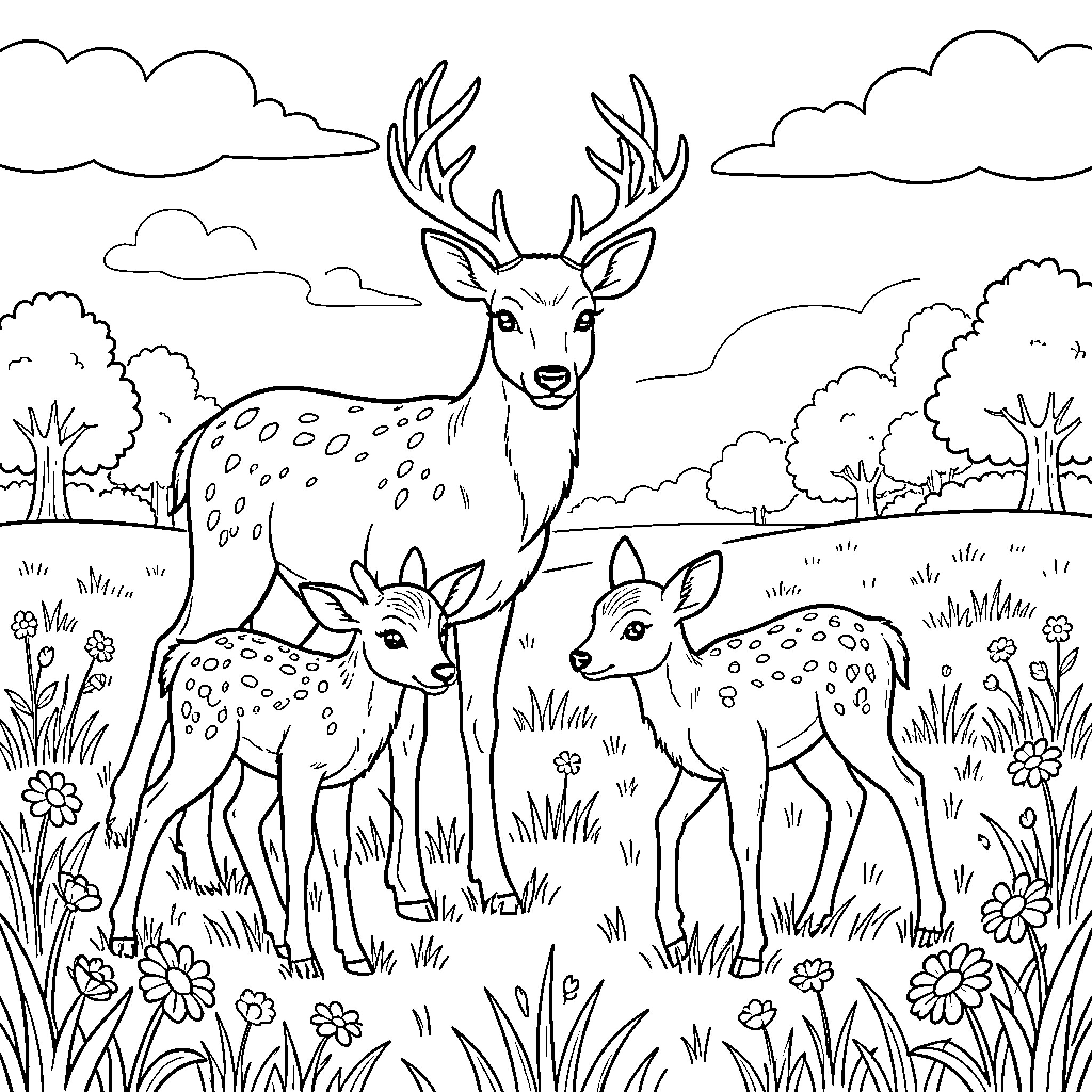 Deer and fawns grazing in a peaceful meadow Coloring Page (free black-and-white line drawing printable PDF for all, from beginners to advanced learners, including children, teens, adults, and seniors)