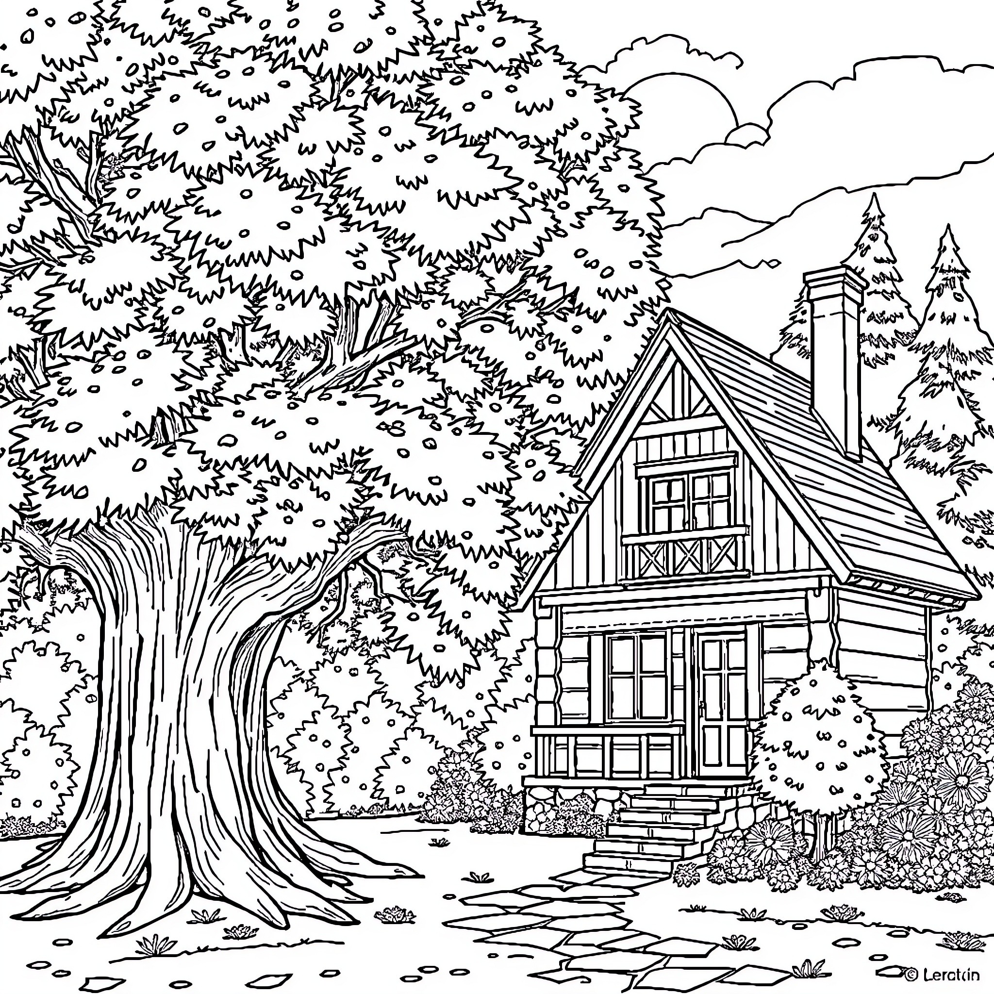 Tree cottage in the peaceful forest Coloring Page (free black-and-white line drawing printable PDF for all, from beginners to advanced learners, including children, teens, adults, and seniors)