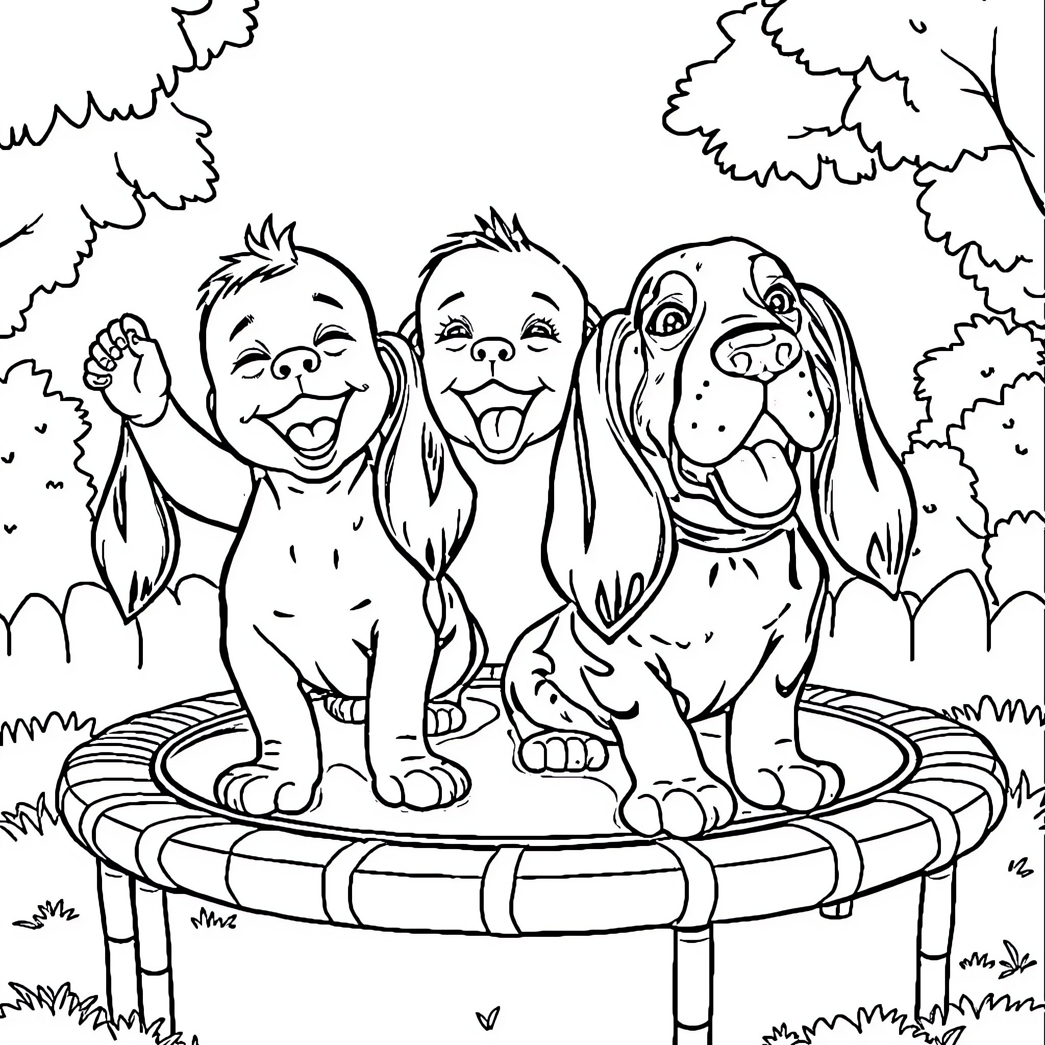 Baby animals playing happily on a trampoline Coloring Page (free black-and-white line drawing printable PDF for all, from beginners to advanced learners, including children, teens, adults, and seniors)