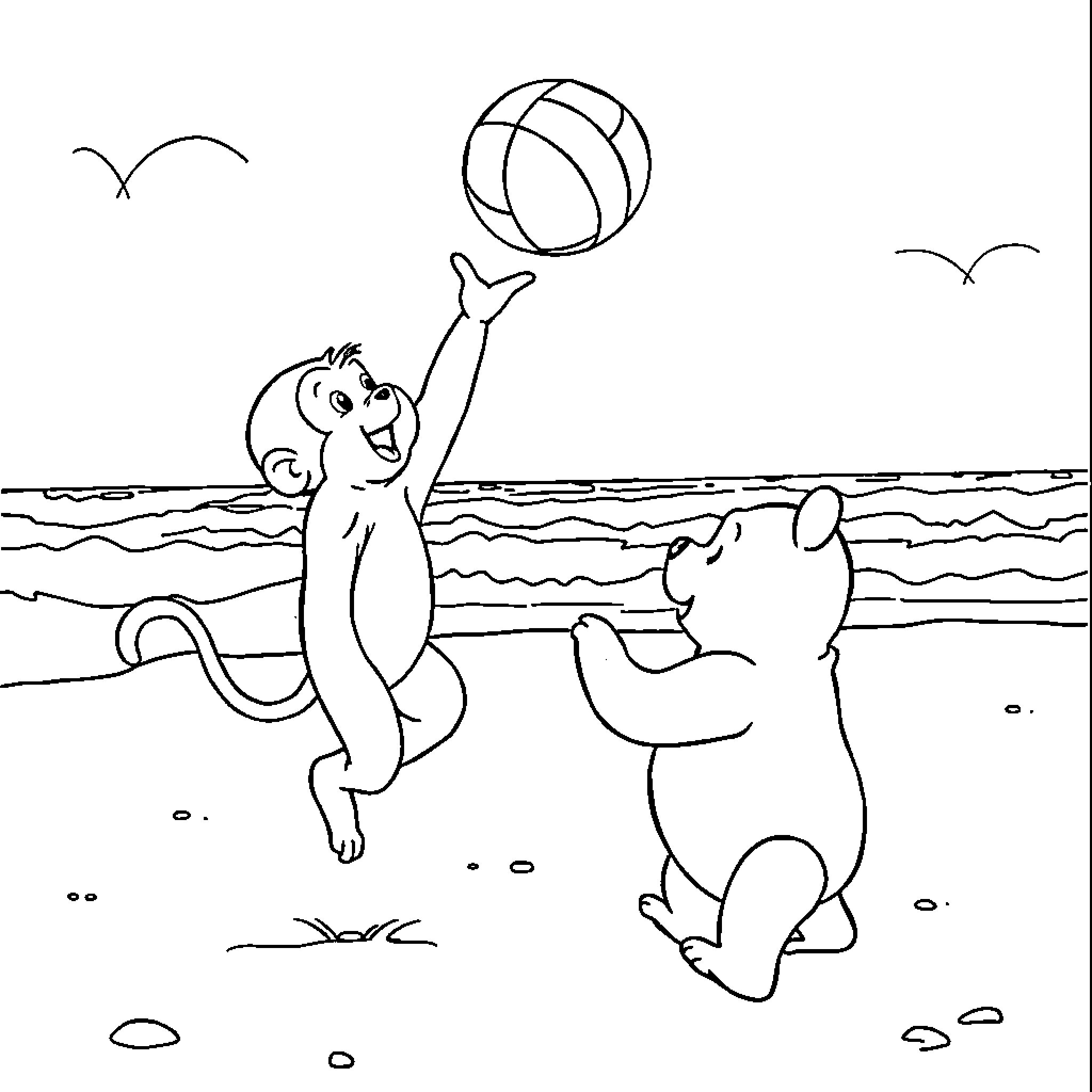 Curious George playing with ball on the beach Coloring Page (free black-and-white line drawing printable PDF for all, from beginners to advanced learners, including children, teens, adults, and seniors)